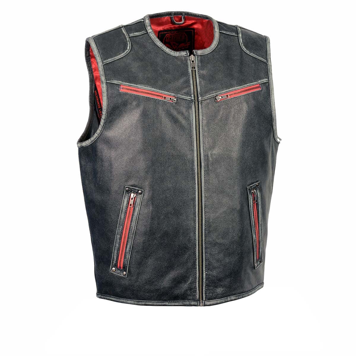 Milwaukee MLM3535 Vintage Grey Motorcycle Leather Vest for Men - Zipper Accent & Durable Design - Perfect for Biking, Riding & Outdoor Adventures