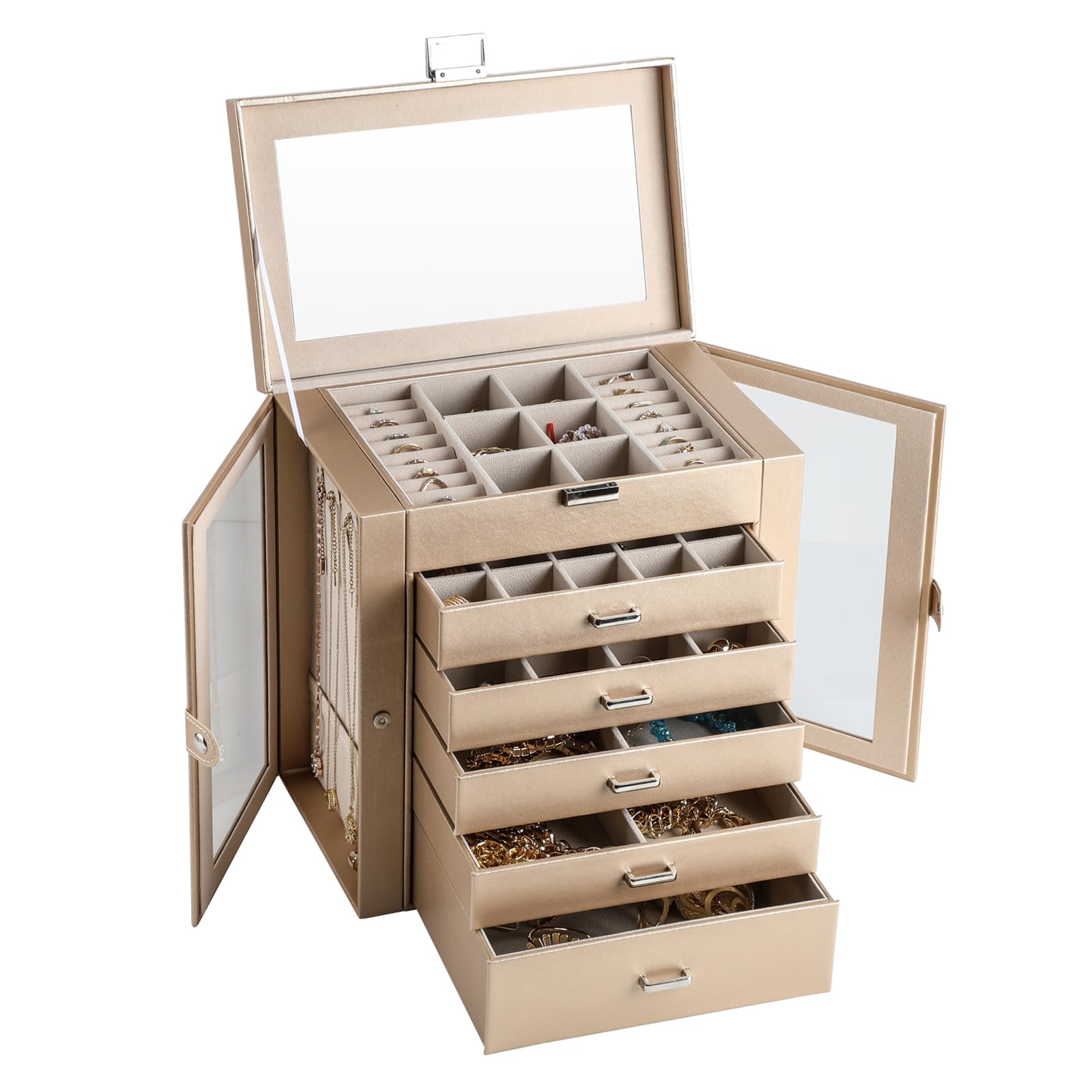 6-Layer Large Jewelry Box Organizer with Mirror & 5 Drawers - 2 Glass Door Display Case for Necklaces, Rings & Earrings - Champagne Gold Jewelry Storage for Bedroom Vanity & Travel (Gift Idea for Women)
