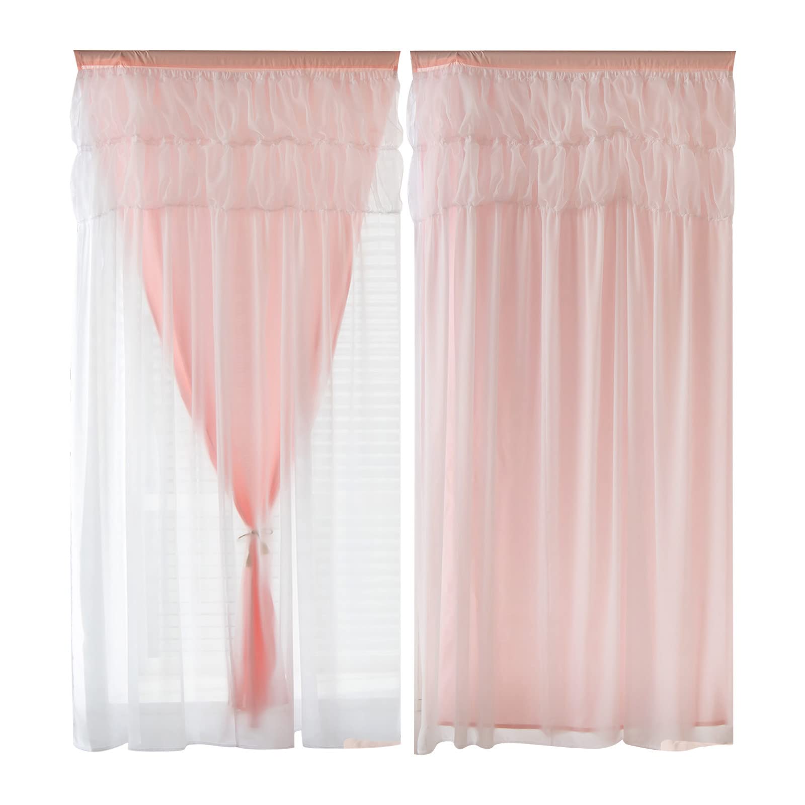 Pink Window and Shower Curtain Set - 2 Panels Layered Solid & Sheer Curtains for Bathroom & Living Room - 35