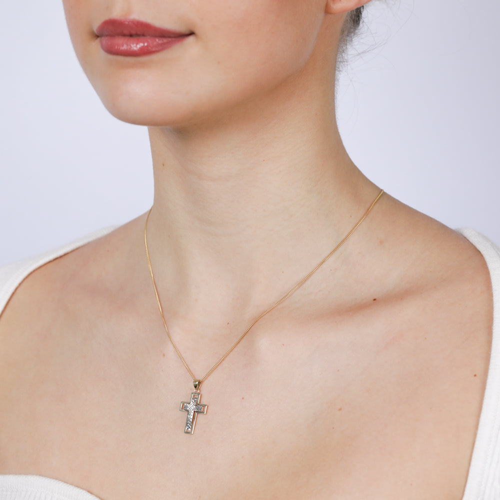 9ct Yellow and White Two-Tone Gold Diamond-Cut 20mm x 15mm Cross Pendant Necklace - Perfect for Gifts, Religious Jewelry, and Everyday Wear