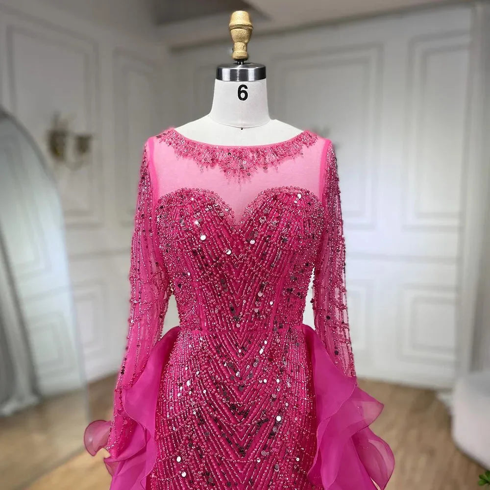 Serene Hill Fuchsia Mermaid Over Skirt Beaded Luxury Dubai Long Evening Dresses for Women - Elegant Wedding Party Gowns 2025 LA72379 | Perfect for Red Carpet Events, Galas & Formal Occasions