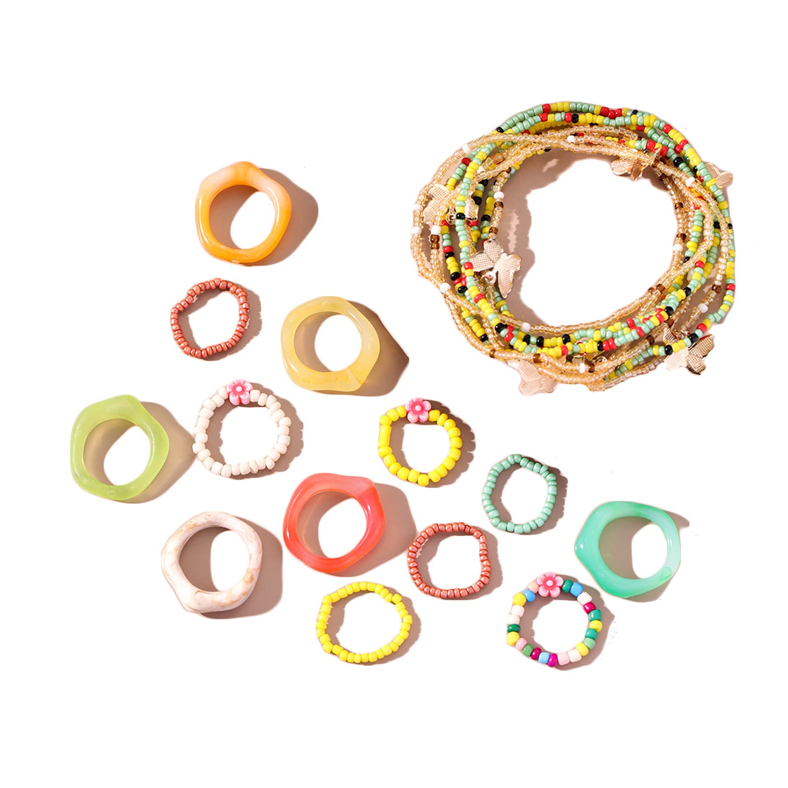 Boho Beaded Jewelry Set for Women & Girls - Multilayer Seed Bead Necklace, Bracelet, Earrings & Ring Set - Colorful Beach Jewelry Gift for Teens - Perfect for Summer Outfits, Festivals & Casual Wear