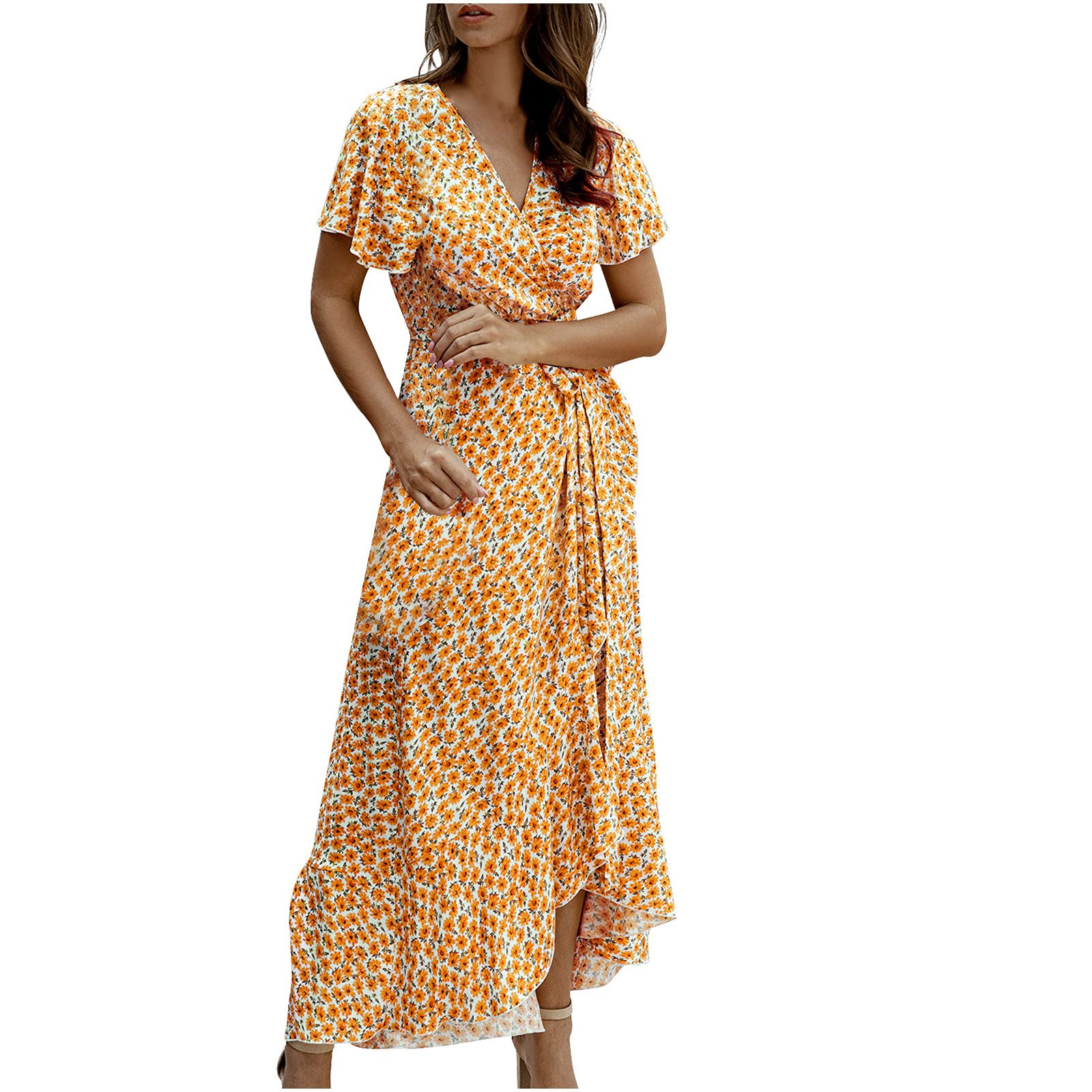 Bohemian Maxi Dress for Women - Wrap V Neck Short Sleeve Floral Printed Summer Beach Dress with Side Slit | Perfect for Beach Vacations, Pool Parties and Casual Outings