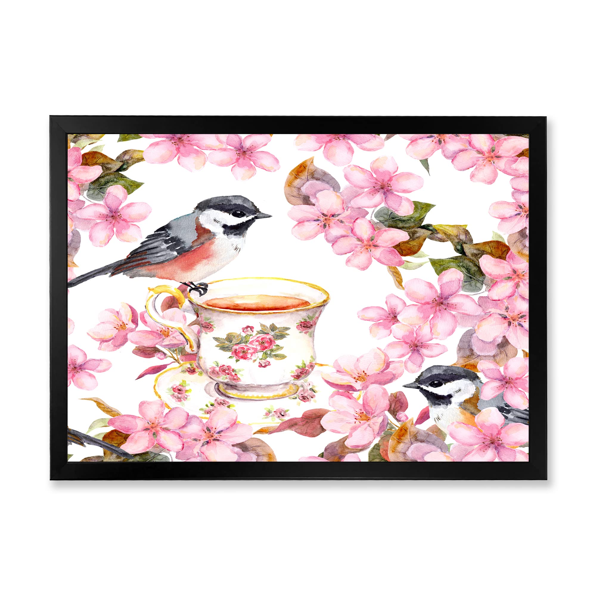 Vintage Tea Cup Birds and Flowers Framed Wall Art - Traditional Home Decor for Living Room, Bedroom, or Office