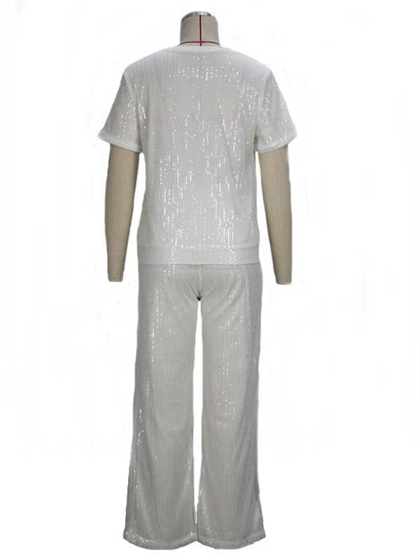 Sparkly Sequin Women's Party Outfit Set - Crewneck Short Sleeve Top & Straight Leg Baggy Pants for Club, Night Out, and Special Occasions
