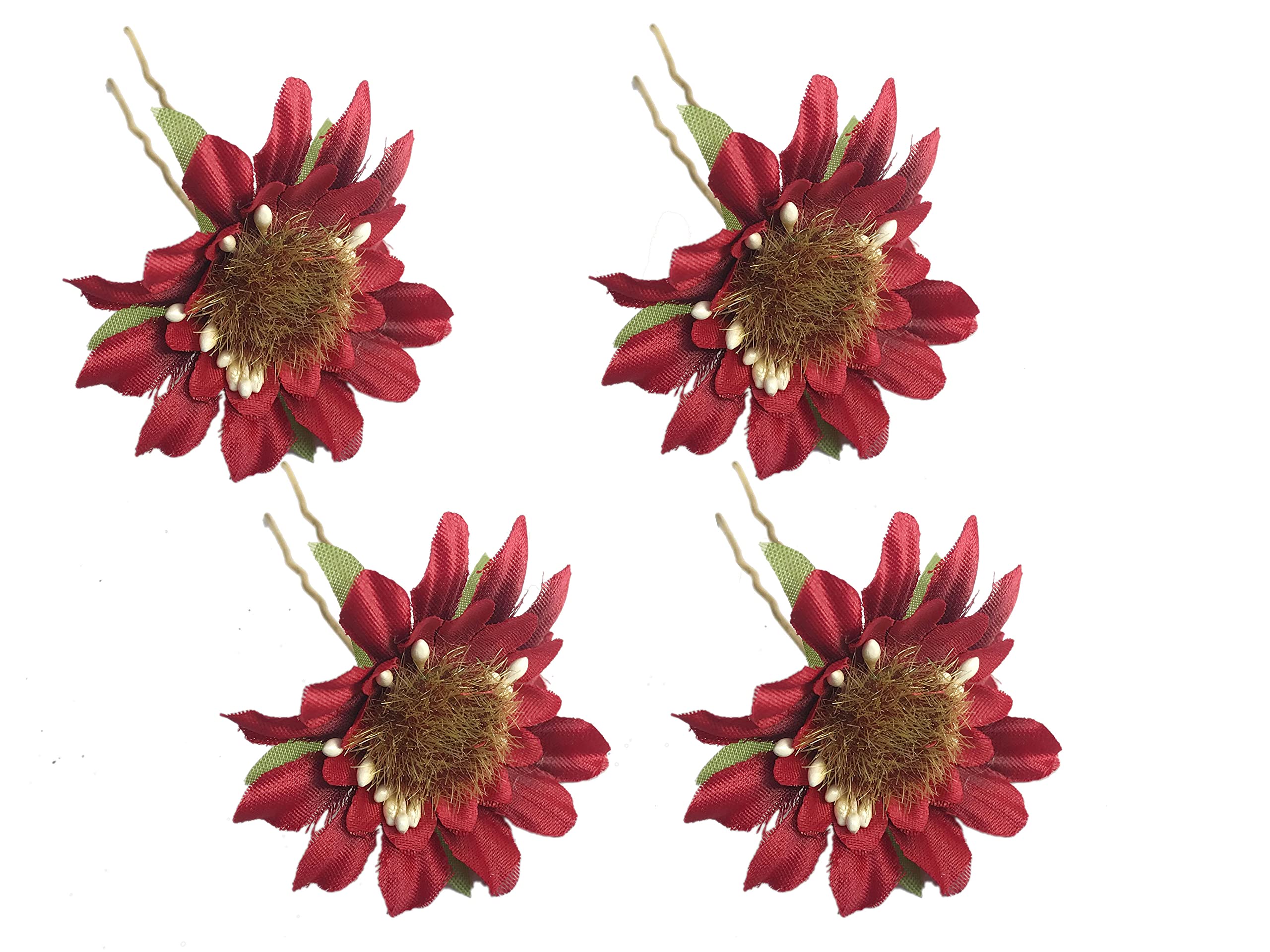 Arooman™ 4-Piece Flower Hair Pins Set - Stylish Bun & Hair Decoration Accessories for Women & Girls (Red) - Perfect for Weddings, Parties & Everyday Hairstyling