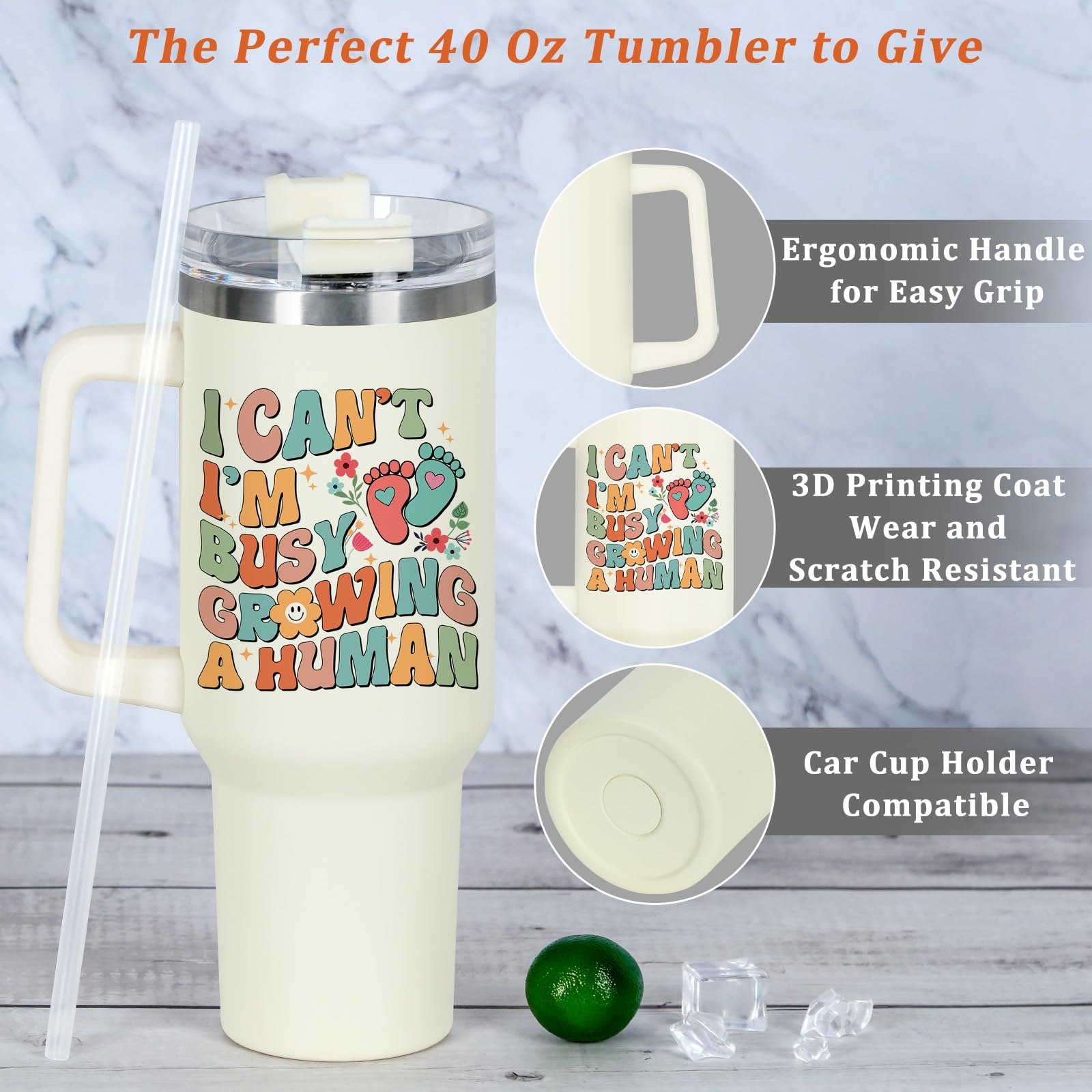 40oz 'I'm Busy Growing A Human' Tumbler with Handle - Funny Pregnancy Gift for Expecting Moms, New Mothers & Baby Showers | Perfect Mother's Day Present for Coffee, Tea & Hydration On-The-Go