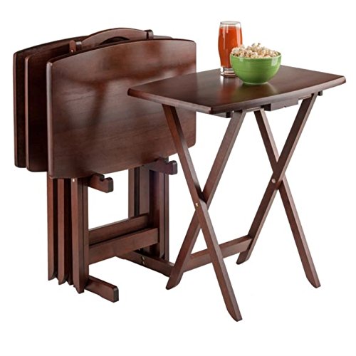 Ergode Wood Dylan 5-Piece Folding Snack Table Set - Sturdy X-Frame Base, Compact Upright Stand, Easy Assembly - Perfect for Living Room, Patio, or Outdoor Entertaining (Brown)