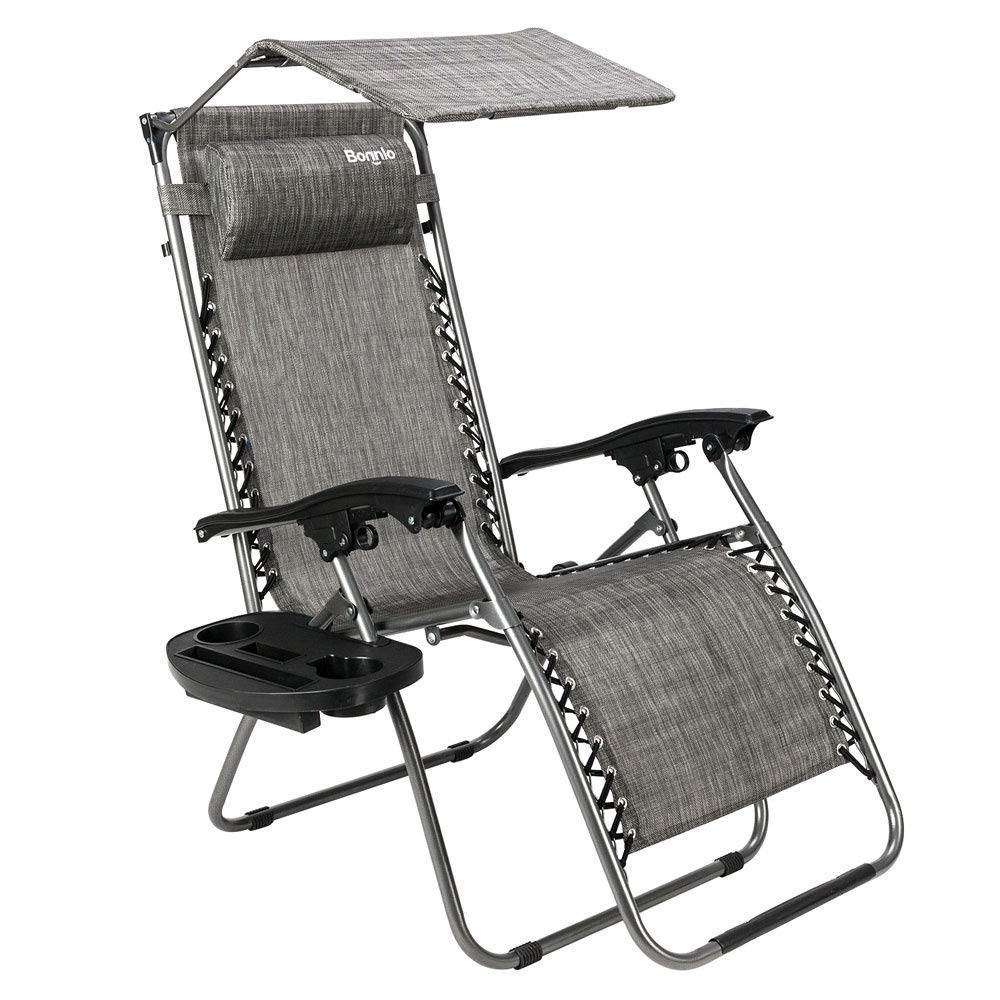 Bonnlo Zero Gravity Lounge Chair with Adjustable Canopy - Patio, Beach & Garden Recliner with Cup Holder & Headrest - Foldable Sun Shade Chair for Outdoor Relaxation (Blue/Grey)