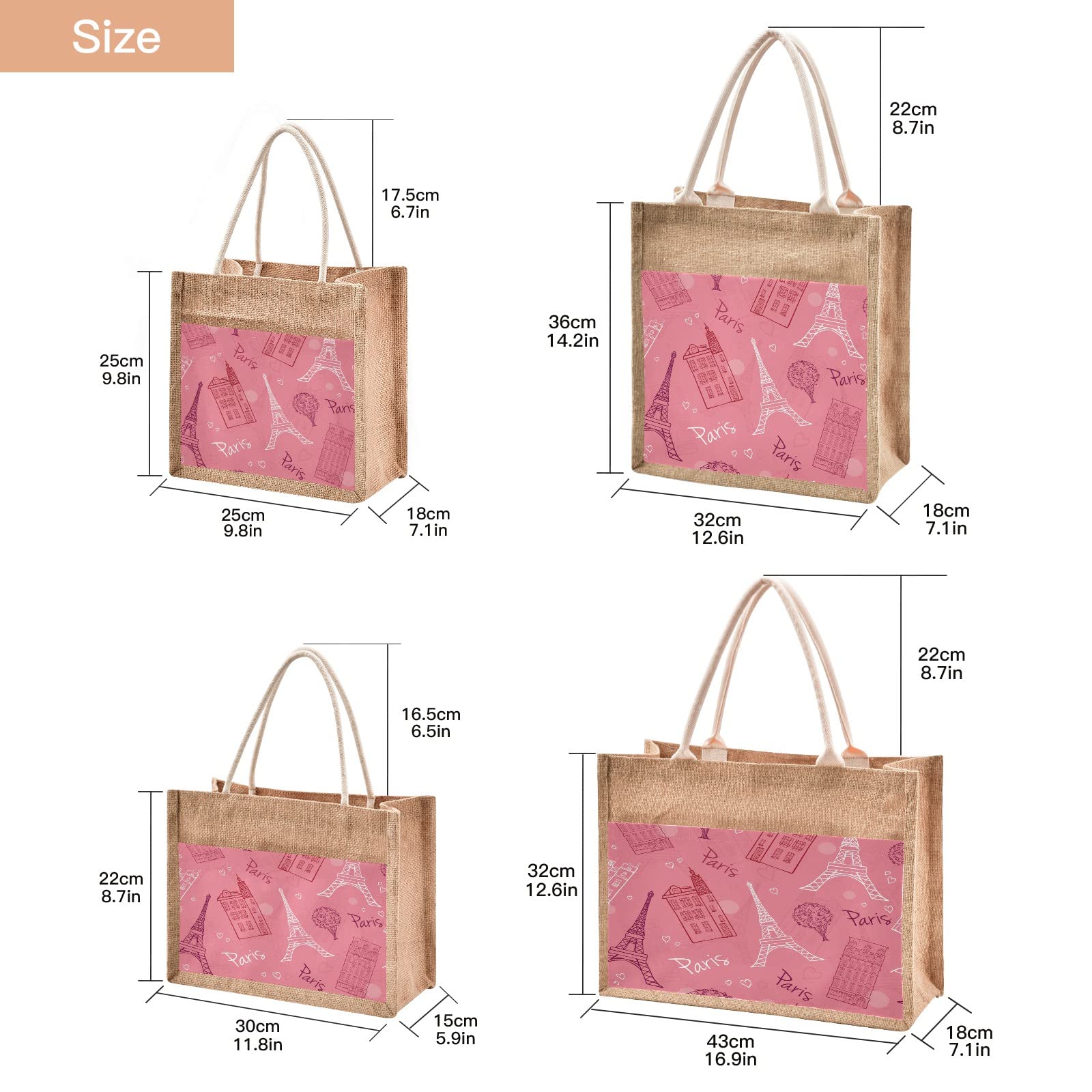 Linqin Pink Romantic Paris Jute Tote Bag - Waterproof Burlap Straw Grocery Shopping Bag with Handles for Women | Perfect for Travel, Beach, Picnic & Daily Use