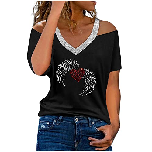 Women's Summer V-Neck Off-The-Shoulder Short Sleeve T-Shirt - Bright Drill Print Casual Top Blouse (Silver, Medium) | Perfect for Beach, Vacation & Summer Outfits