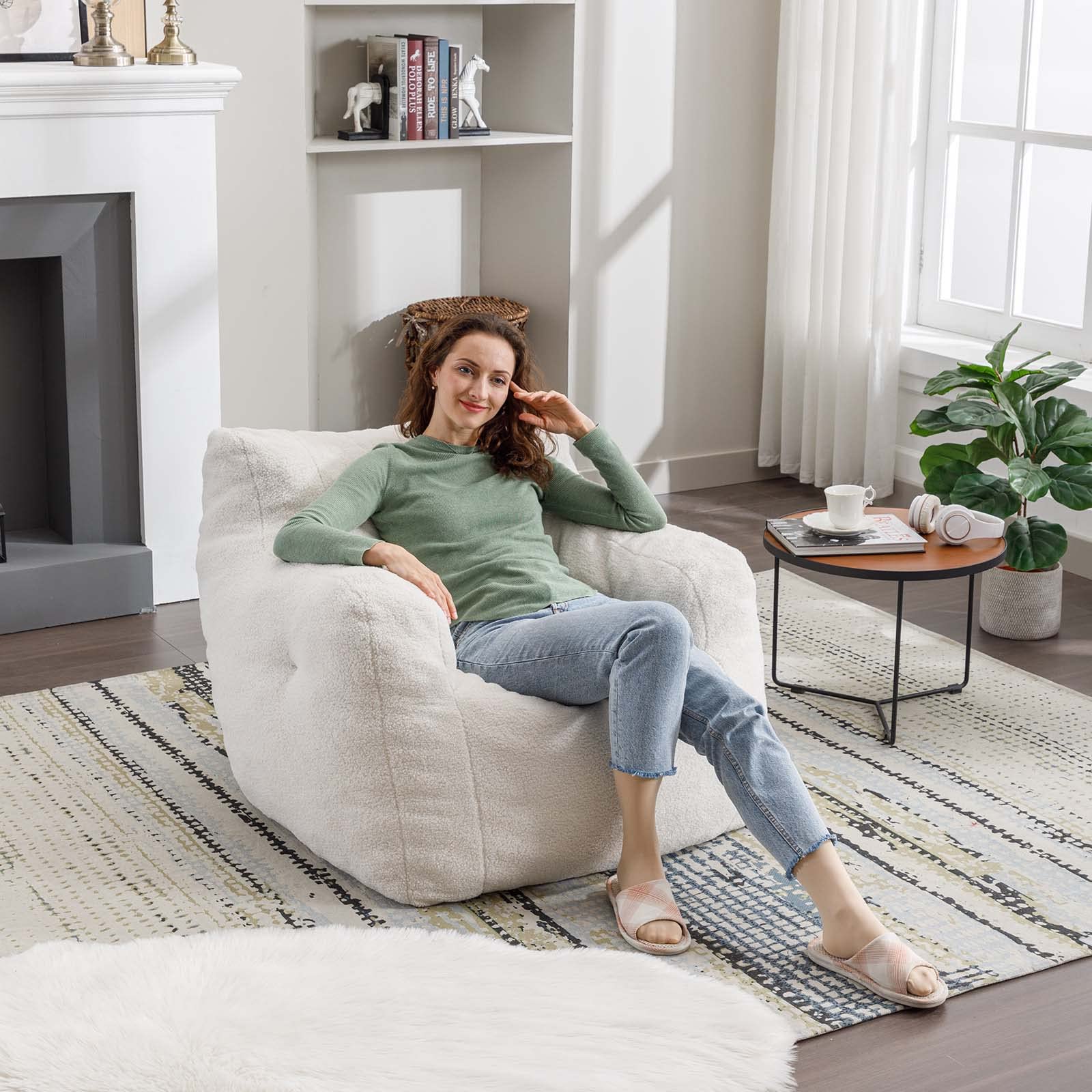 Antetek Ultra Soft Teddy Fabric Bean Bag Chair for Adults & Kids - Modern Accent Chair for Living Room, Bedroom, Apartment - Ivory | Cozy Seating for Relaxation, Gaming & Movie Nights