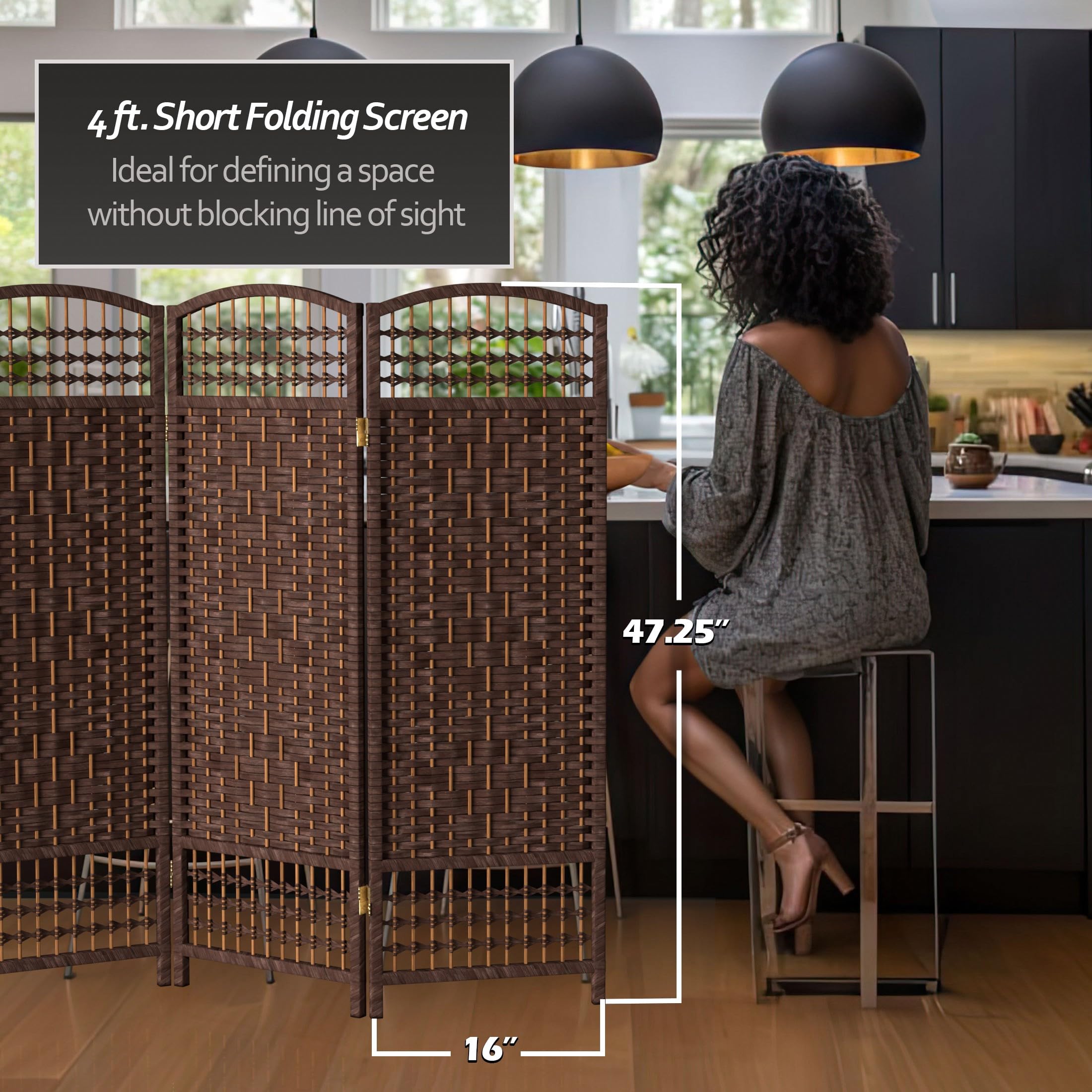 4 ft. Dark Mocha Short Fiber Weave Folding Room Divider - 3 Panel Privacy Screen for Home, Office, or Event Space - Perfect for Partitioning Living Rooms, Bedrooms, and Workspaces
