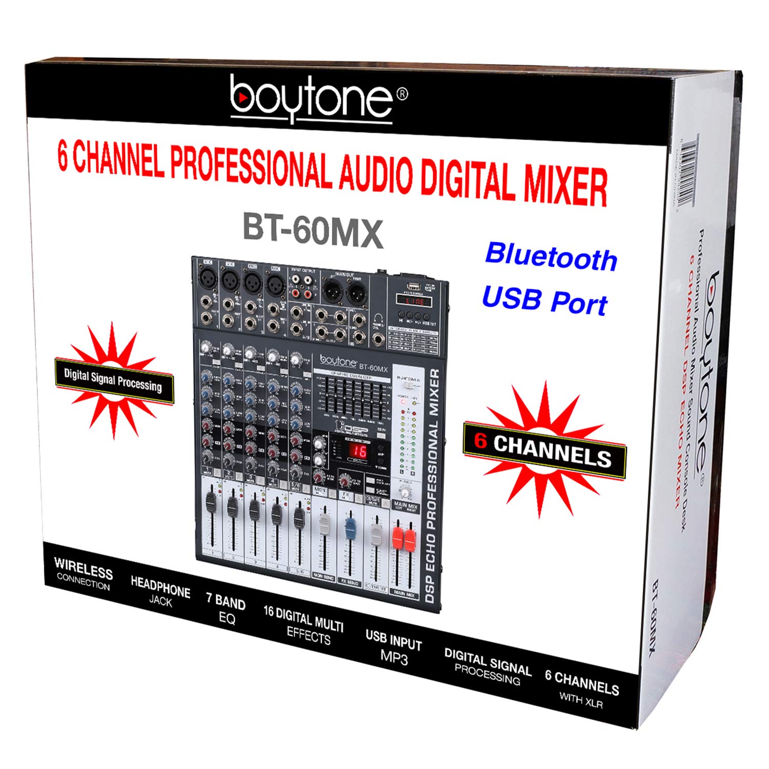 Boytone BT-60MX 6-Channel Bluetooth DJ Mixer - Professional Audio Controller with USB MP3 Player, 4 XLR Mic Inputs, 7-Band EQ & 16 DSP Effects | Perfect for Live Performances, Studio Recording & Karaoke Nights