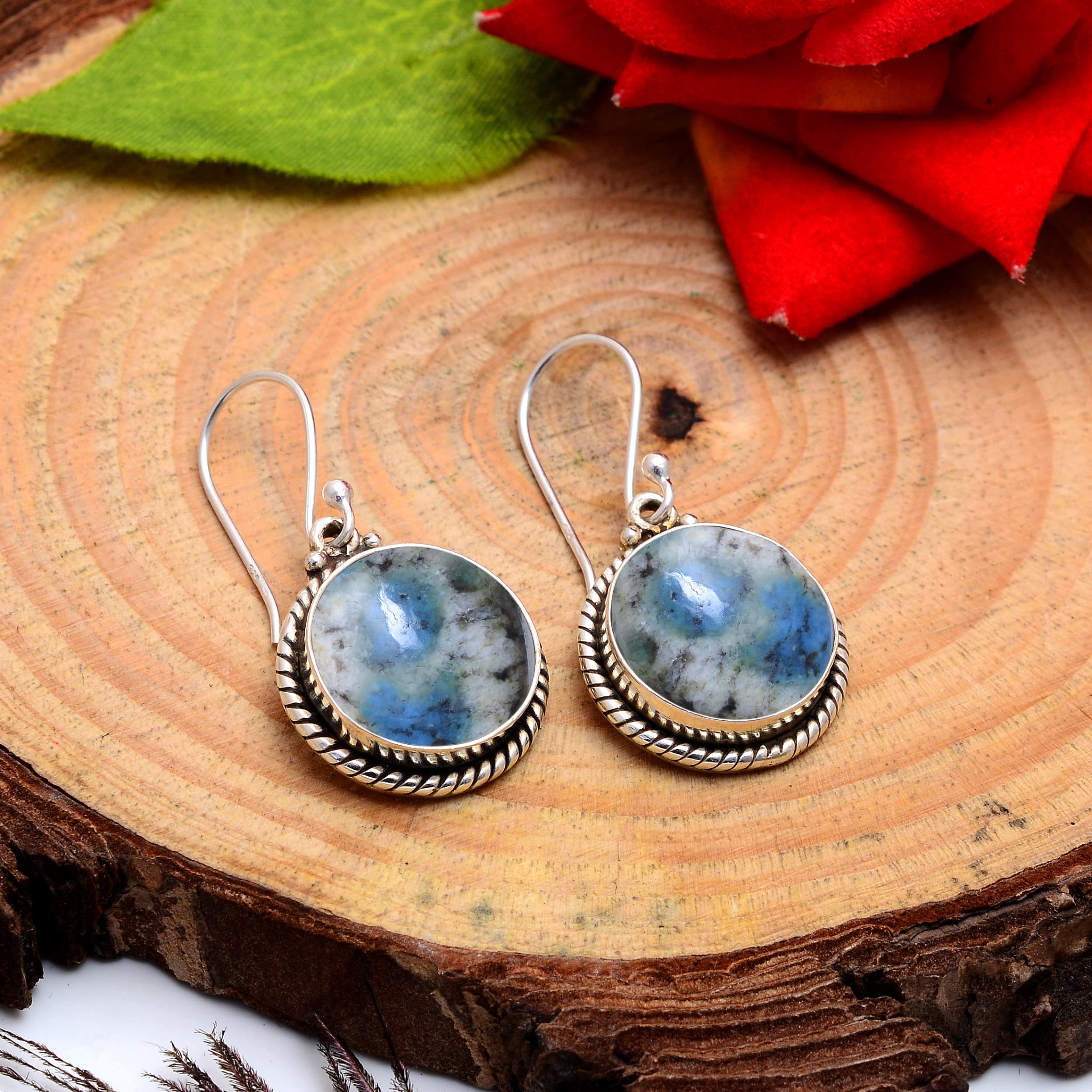 Veracity Jewelry K2 Jasper Earrings for Women - 925 Sterling Silver Handmade Dangle Earrings with Natural Multi-Color K2 Jasper Gemstone - Elegant Boho Jewelry for Parties, Weddings & Everyday Wear (VSE-230)