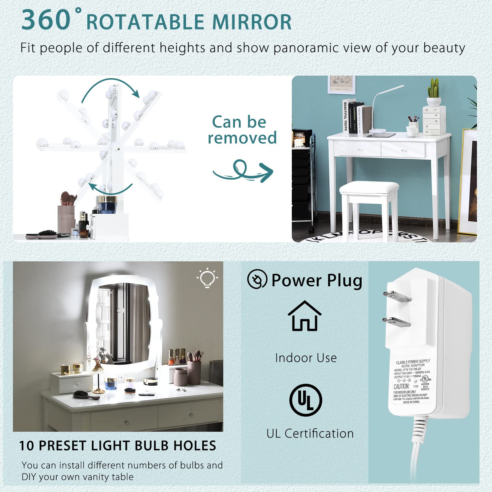 Charmaid Girls Makeup Vanity Desk with LED Mirror Lights - 10 Bulbs, 3 Lighting Modes, 4 Storage Drawers & Stool - Modern Dressing Table for Bedroom, Teen Room & Beauty Salon (White)