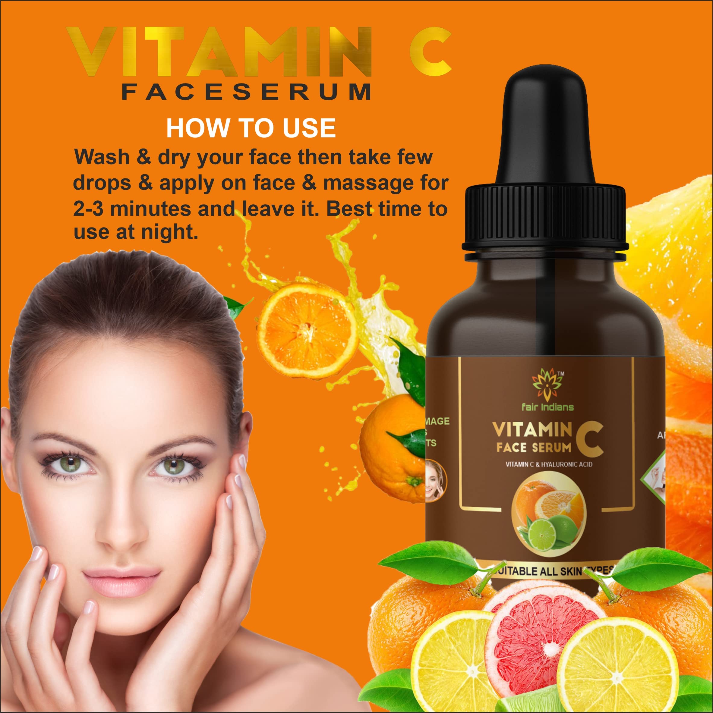 Fair Indian Vitamin C Face Serum with Hyaluronic Acid - Brightening & Hydrating Skincare (60ml) for Glowing Skin | Day & Night Use for All Skin Types