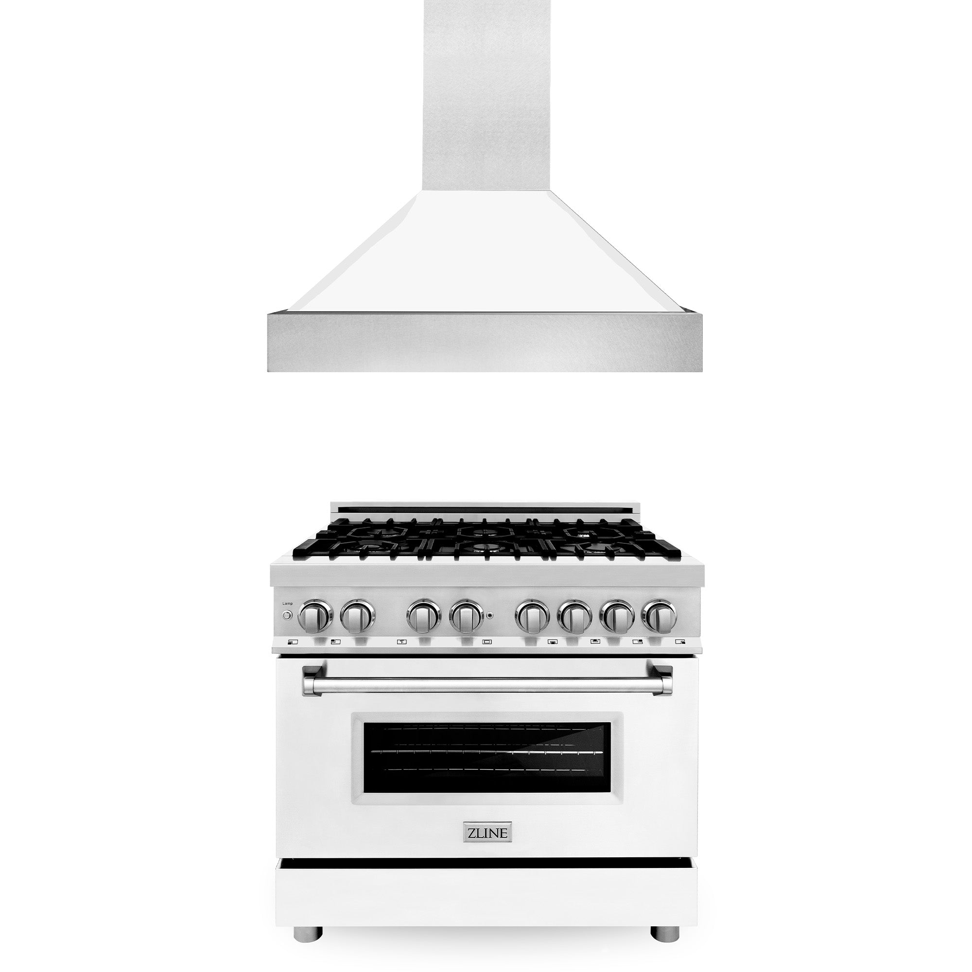 ZLINE 36 Inch Stainless Steel Dual Fuel Range Kitchen Package with White Matte Door & Convertible Vent Hood (2KP RAWMRH36) - Perfect for Modern Kitchens, Home Renovations & Professional Chefs