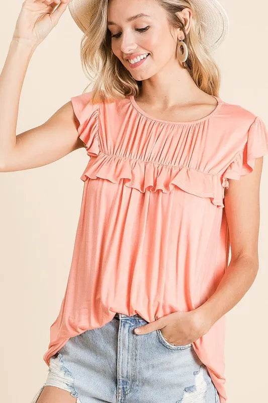 BiBi Jersey Knit Gathered Ruffled Top - Women's Fashion Blouse for Casual Wear, Date Nights & Office Outfits