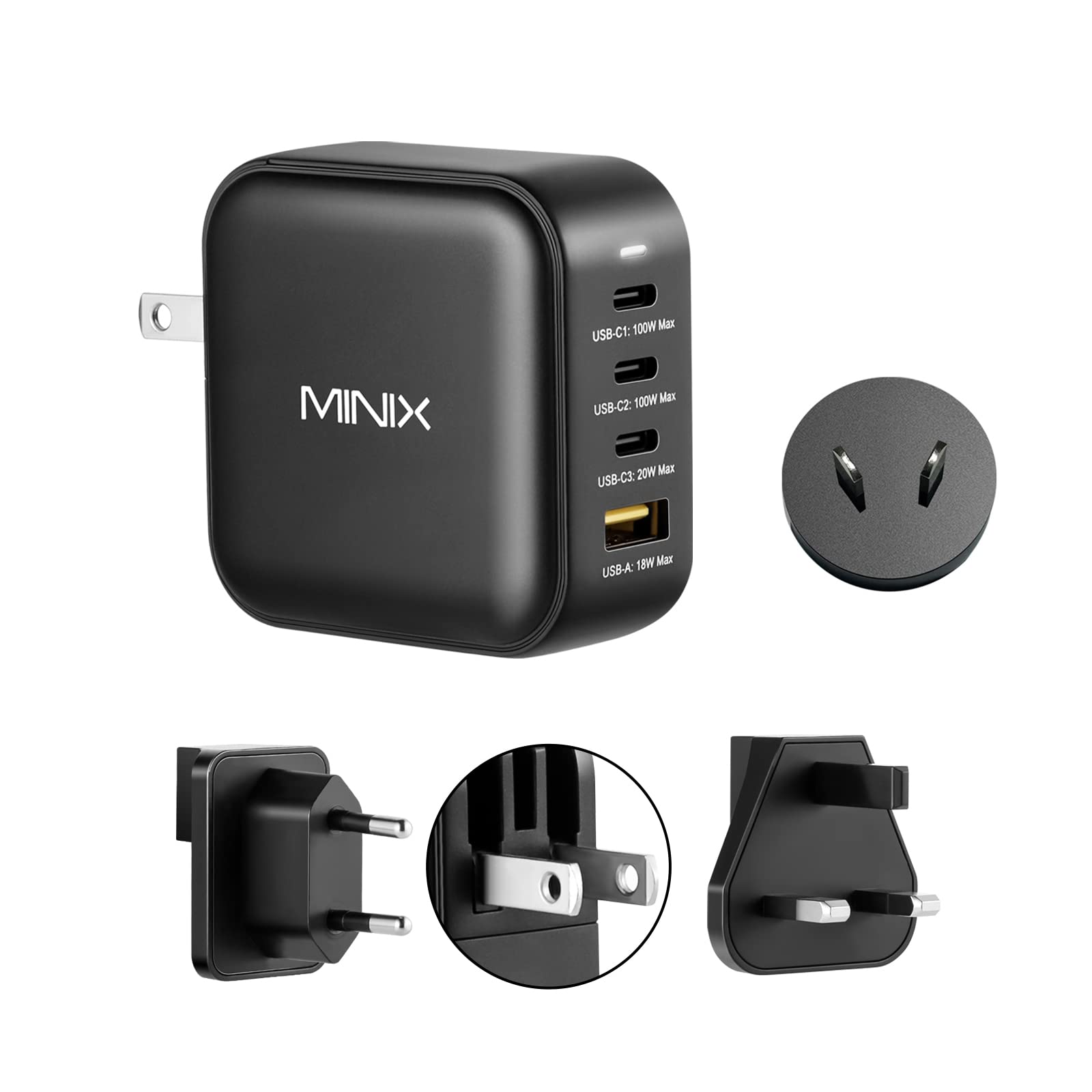 MINIX NEO P3 100W 4-Ports GaN Wall Charger - Fast Charging Adapter with 3 USB-C Ports (100W Max) & 1 USB-A Port (18W Max) - Compatible with MacBook Pro/Air, iPhone 15/14/13, Samsung Galaxy S23/S22 - Includes US/EU/UK/AU Plugs - Perfect for Travel, Home & Office Use