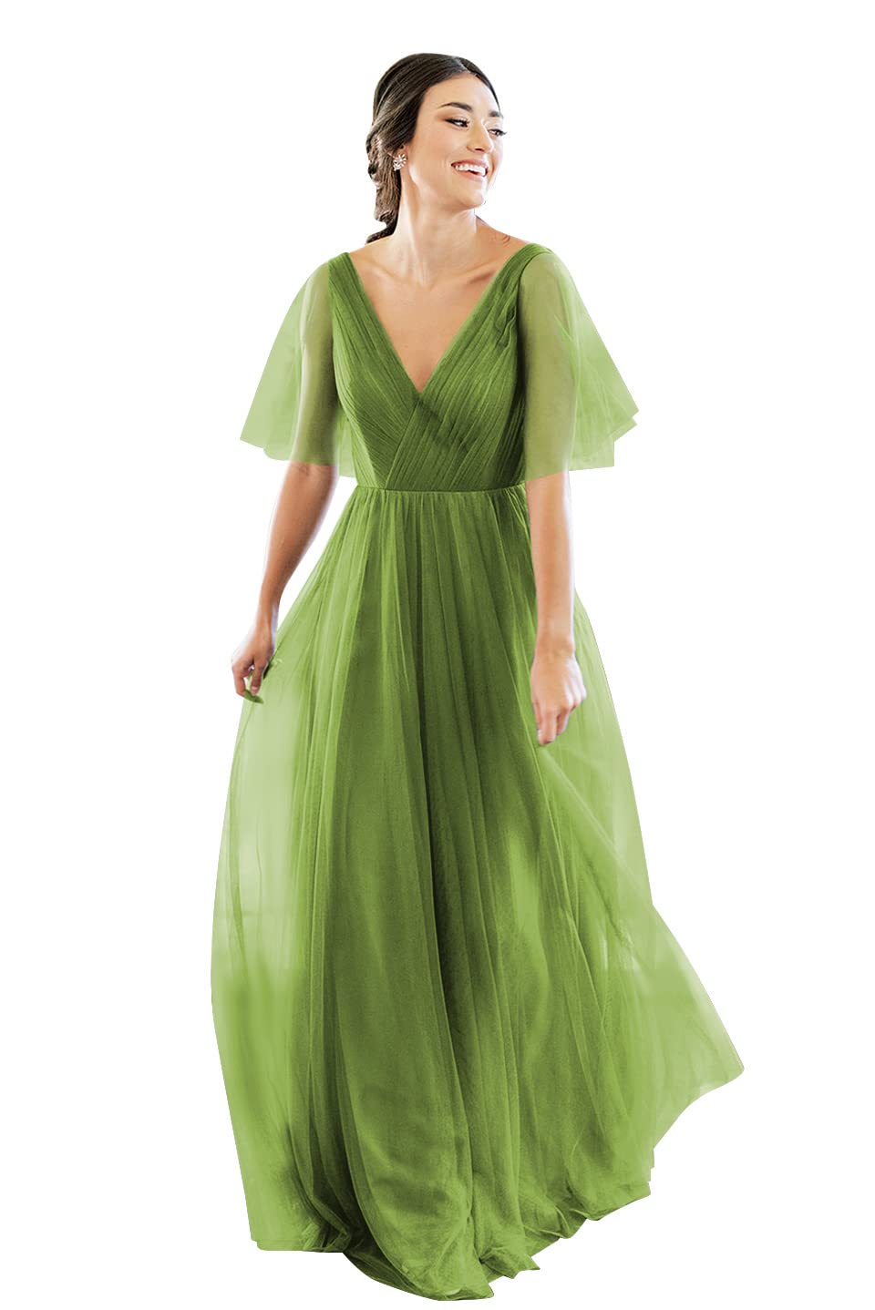 Elegant V-Neck Short Sleeve Tulle Bridesmaid Dress for Women - Backless Long Formal Gown for Wedding, Prom & Special Occasions