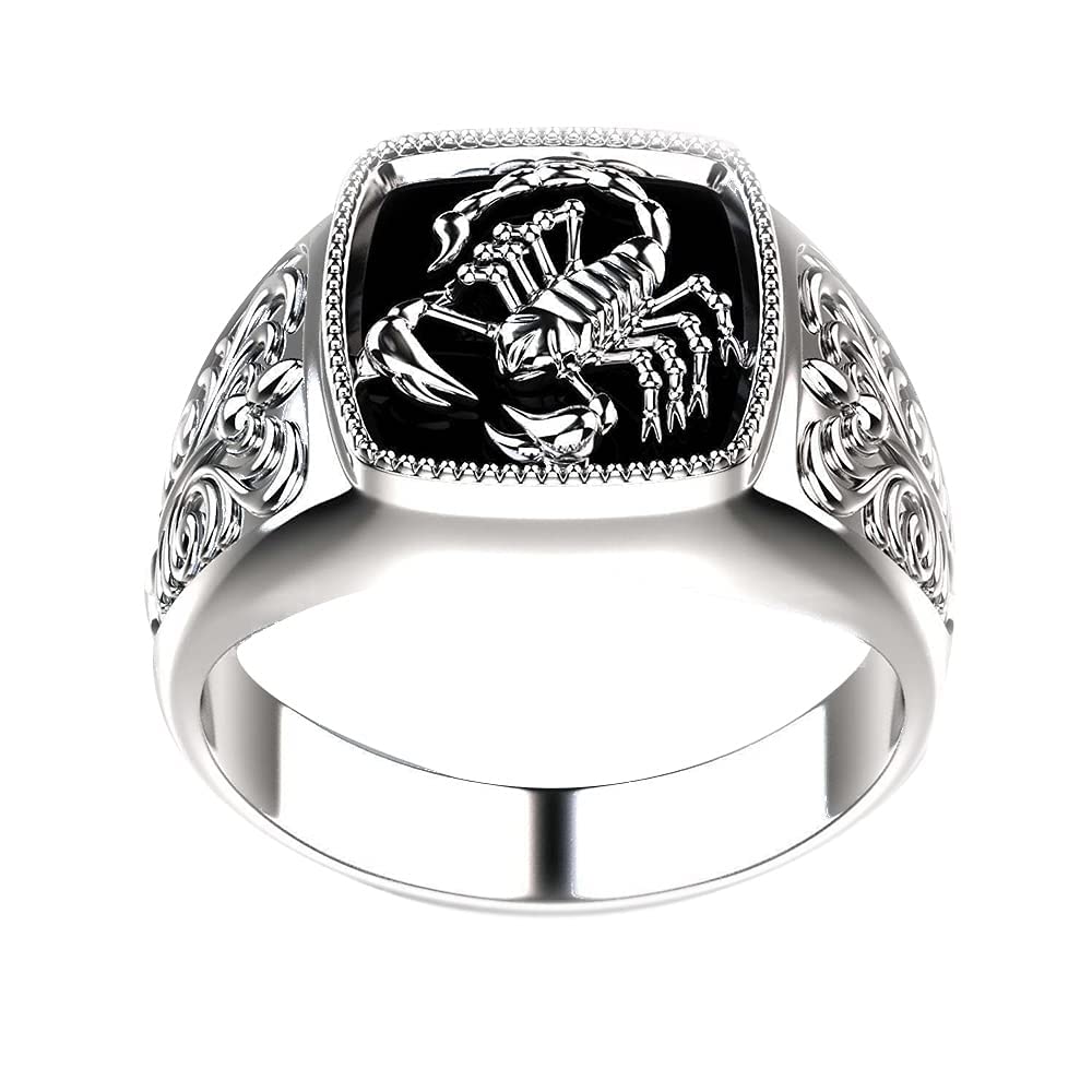 Scorpion Animal Engraved Silver Plated Gothic Punk Ring for Men & Women - Vintage Chunky Square Statement Band, Middle Tail Finger Jewelry - Perfect for Birthday, Anniversary Gift & Gothic Punk Fashion Accessories