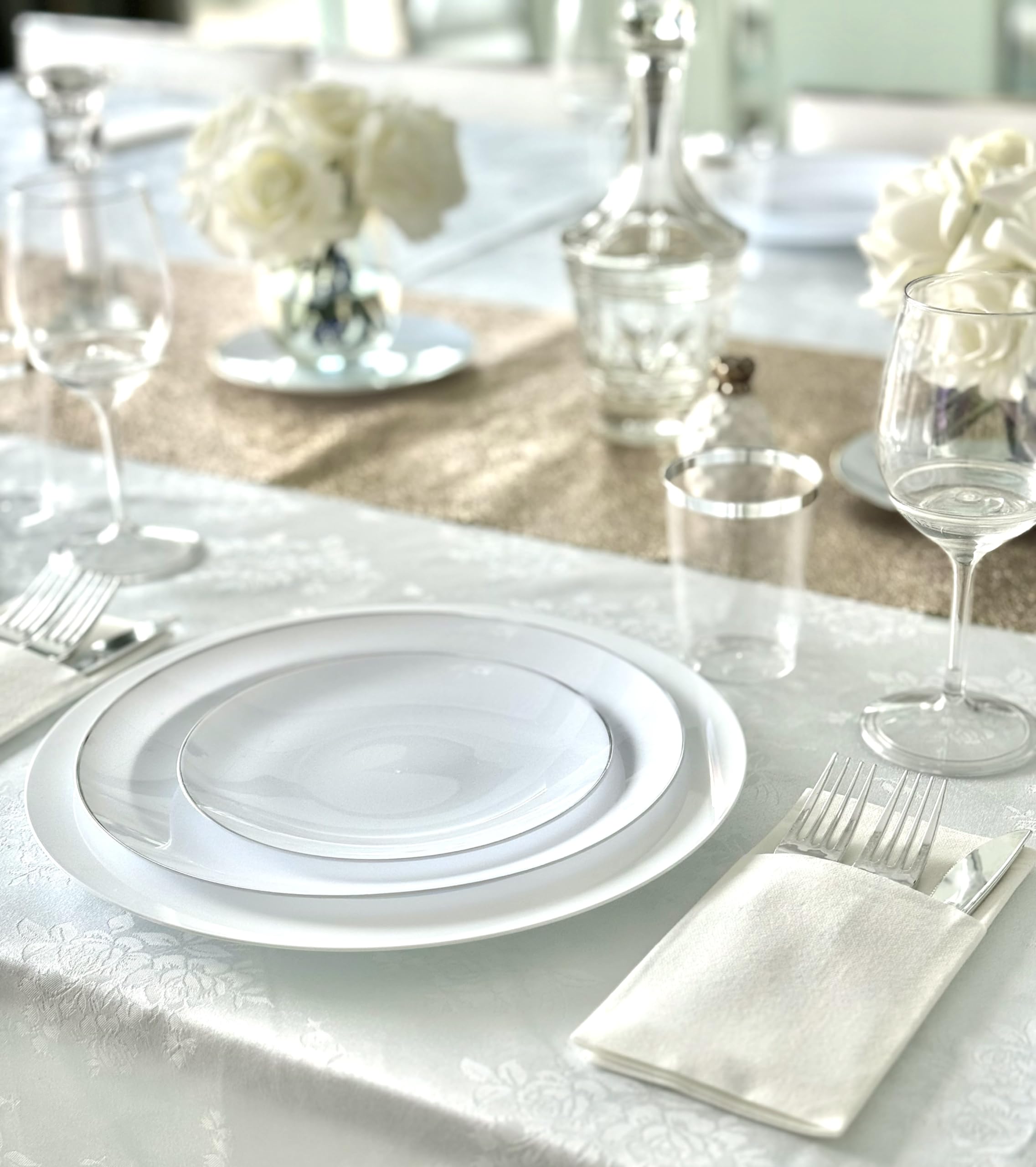 240-Pack Disposable Plastic Plates for Weddings & Parties - 10.25'' Elegant White & Silver Dinner Plates (Bali Design) - Perfect for Catering, BBQs, Birthdays & Special Events