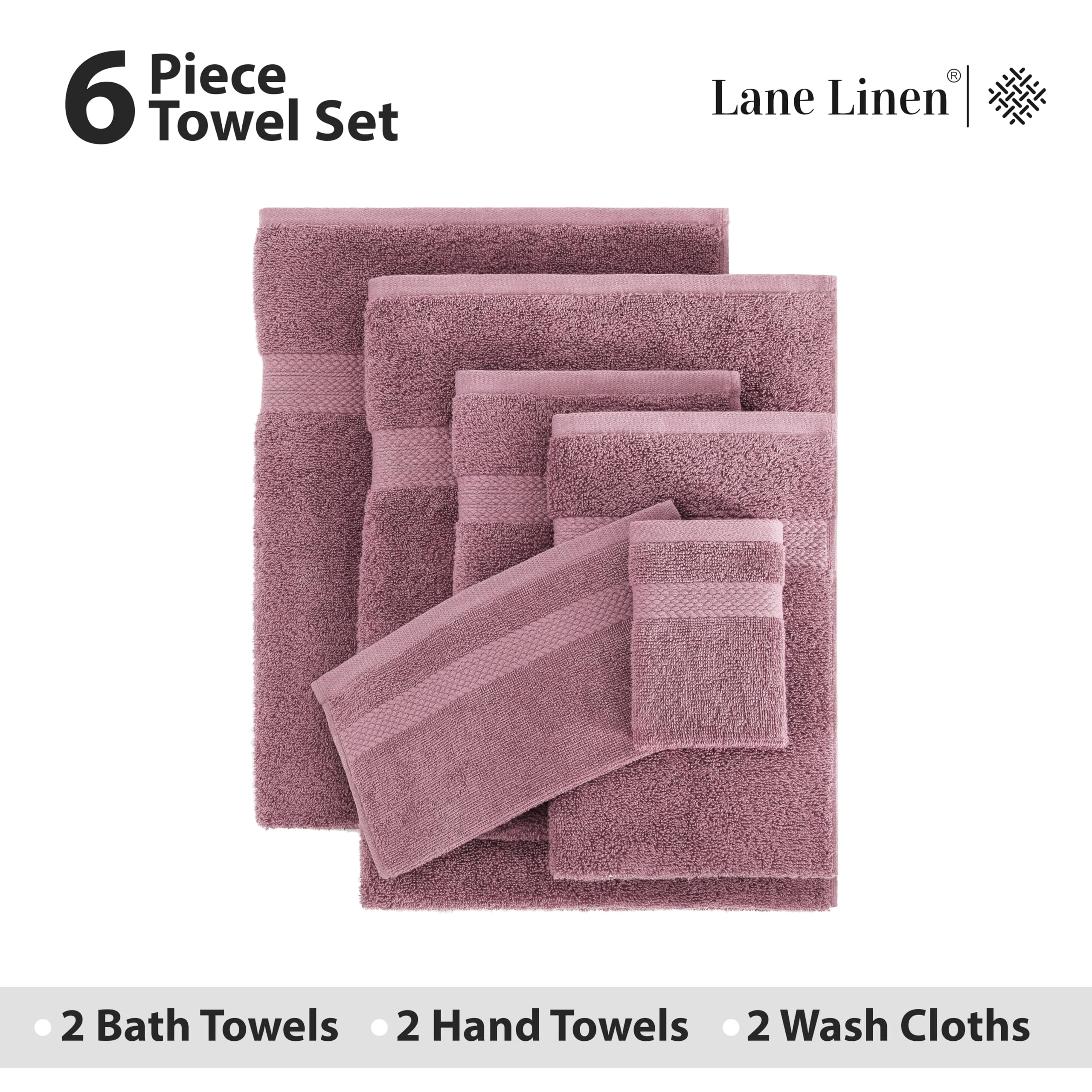 Premium 6-Piece Bath Towel Set - 100% Cotton Extra Large Hotel Quality Towels (2 Bath, 2 Hand, 2 Washcloths) - Soft & Absorbent for Spa, Bathroom & Luxury Home Use - Wishful Mauve
