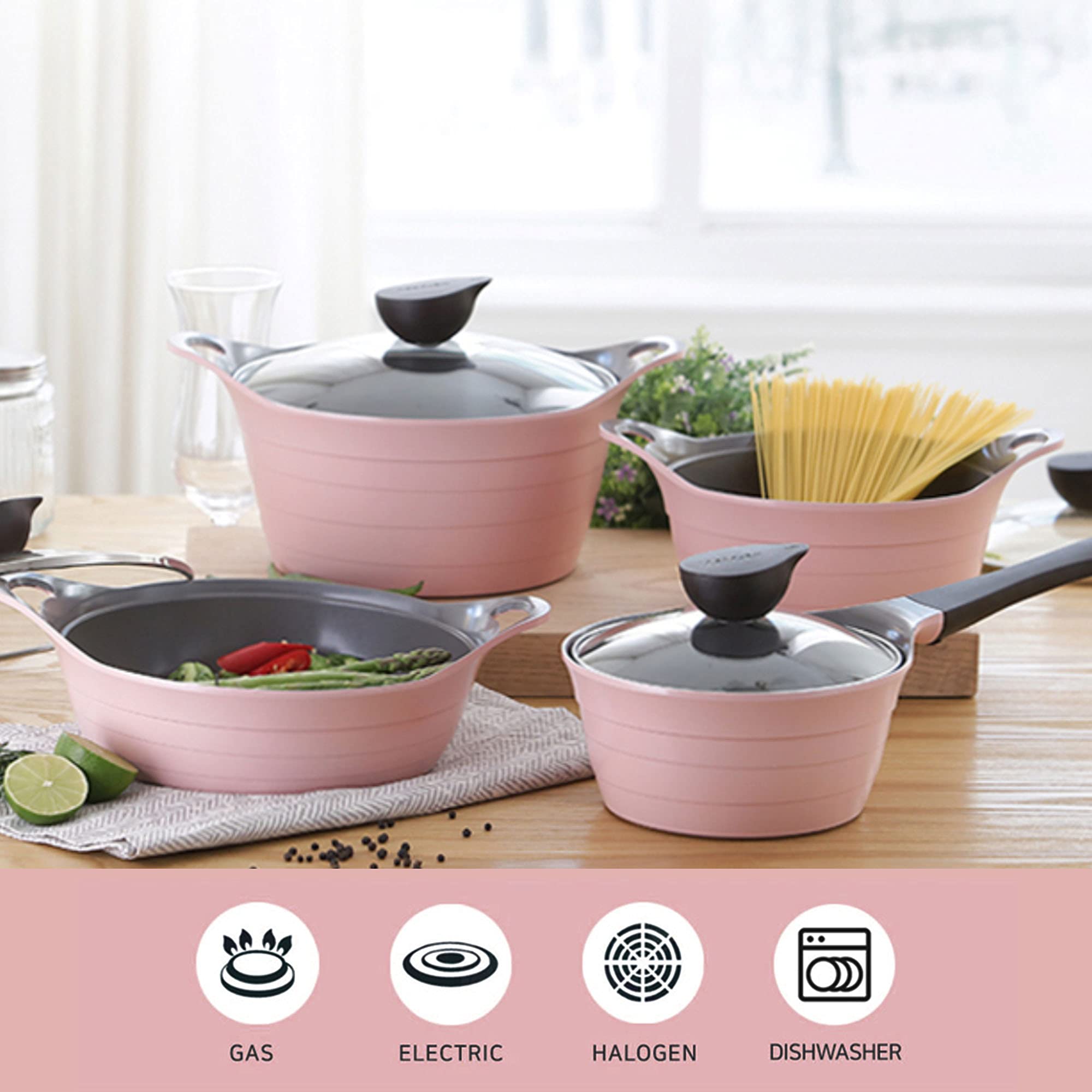 Neoflam Eela 7-Piece Ceramic Nonstick Cookware Set - Pink Pots & Pans with Glass Lids & Silicone Handle Holder | Saucepan, Frying Pan, Casserole Stockpot | Healthy Cooking for Family Meals & Entertaining