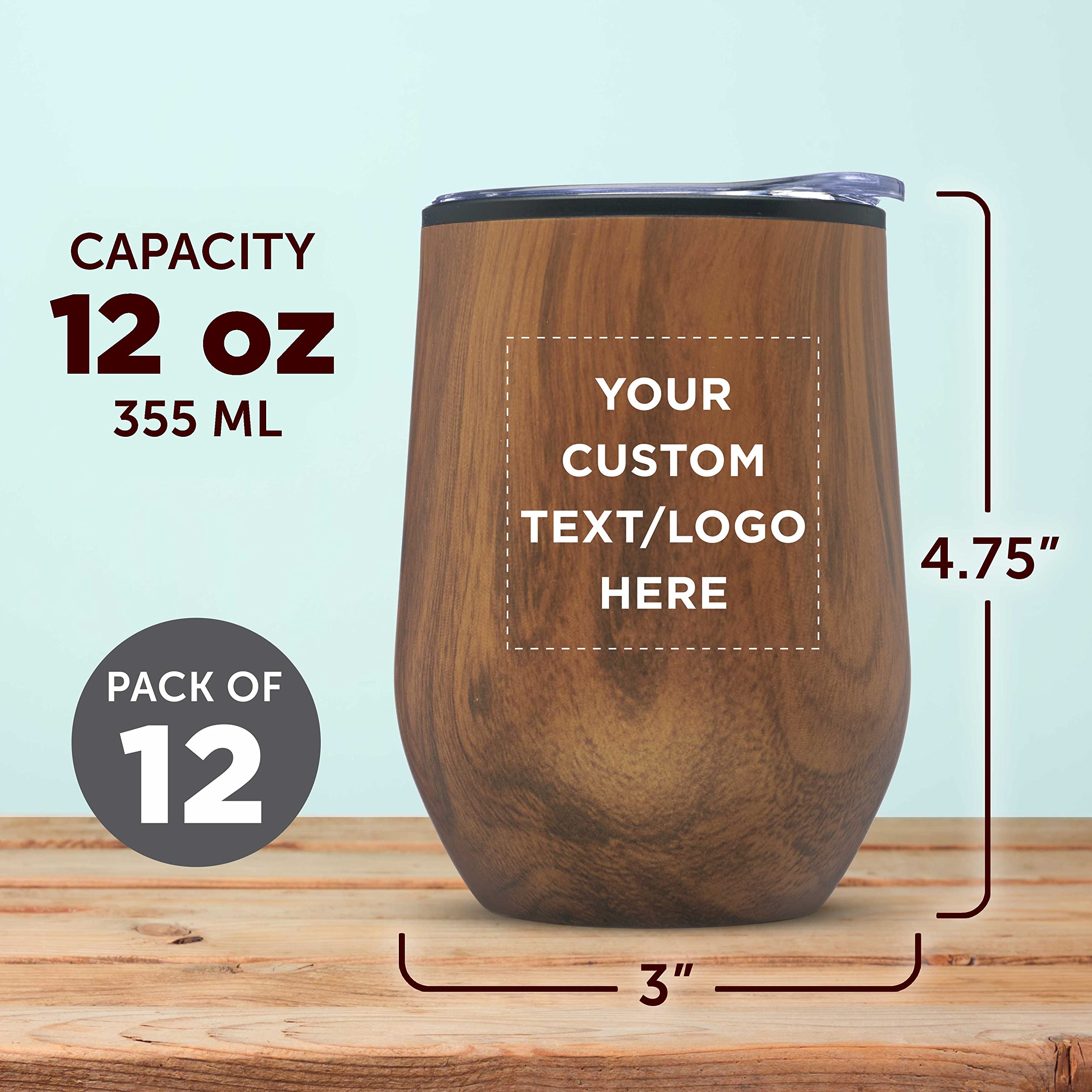 12-Pack Personalized Palmera Stemless Wine Tumblers with Lids - 12oz Insulated Glasses for Wine, Cocktails & Beverages | Custom Wood Design for Parties, Weddings & Home Entertaining
