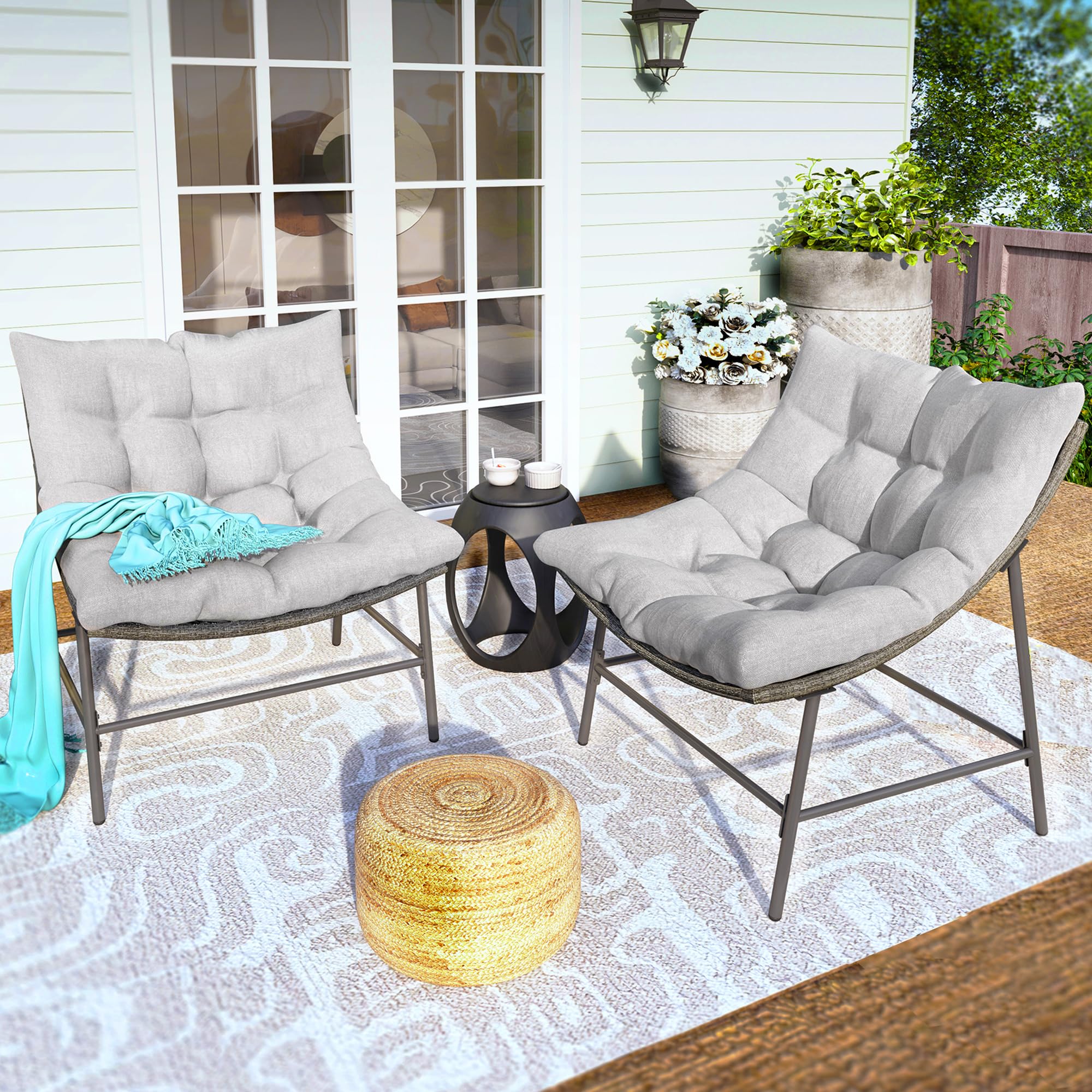 PHI VILLA Outdoor Papasan Chairs Set of 2 - Oversized Wicker Rattan Conversation Chairs with Cushions & Sturdy Steel Frame - Comfy Reading Lounge Chairs for Patio, Porch, Deck, Balcony & Garden - Perfect for Relaxing, Sunbathing & Outdoor Conversations