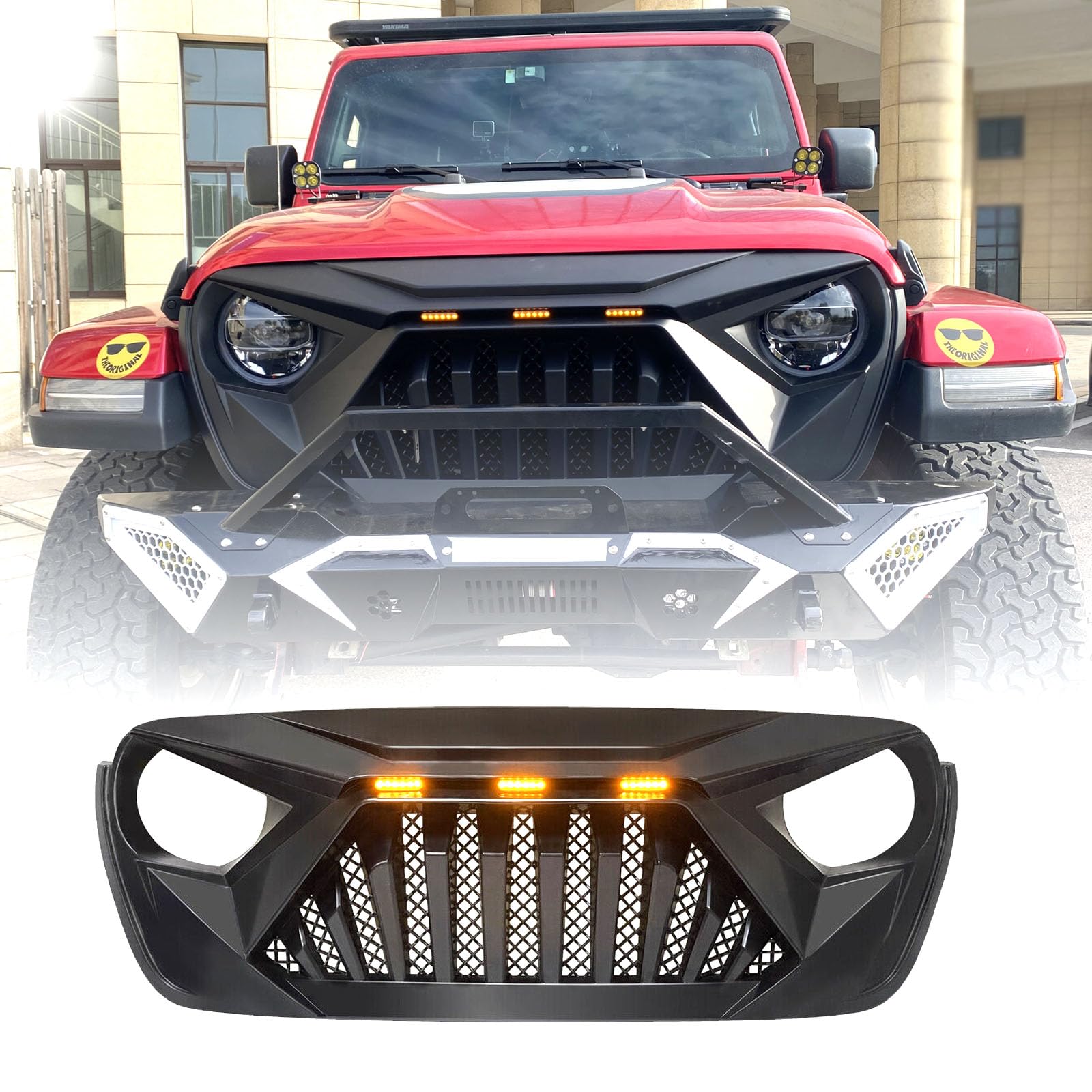 Jeep Wrangler JL & JLU Front Grill Replacement (2018-2023) - Compatible with Rubicon/Sahara/Sport Models & 2019-2023 Gladiator | LED Daytime Running Lights with Wiring Harness | Off-Road & Street Style Upgrade