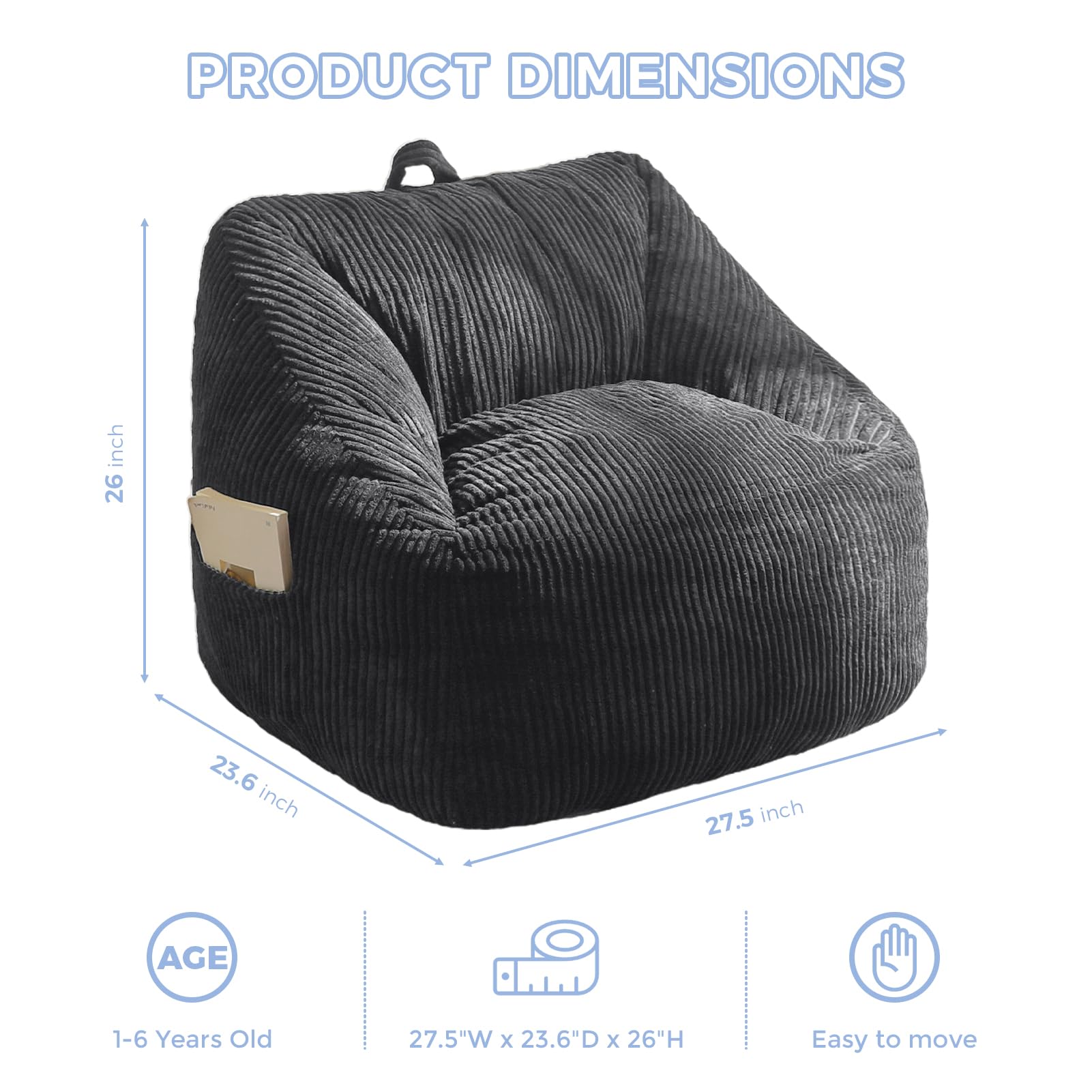 MAXYOYO Kids Bean Bag Chair - Corduroy Gaming & Reading Lounge Chair with Handle & Storage Pocket for Boys & Girls, Dark Grey - Perfect for Bedrooms, Playrooms & Dorm Relaxation