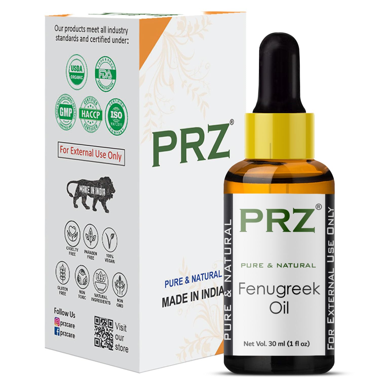 PRZ Fenugreek Cold Pressed Oil - Pure Natural for Aromatherapy & Skin Care | 30ml for Massage & Hair