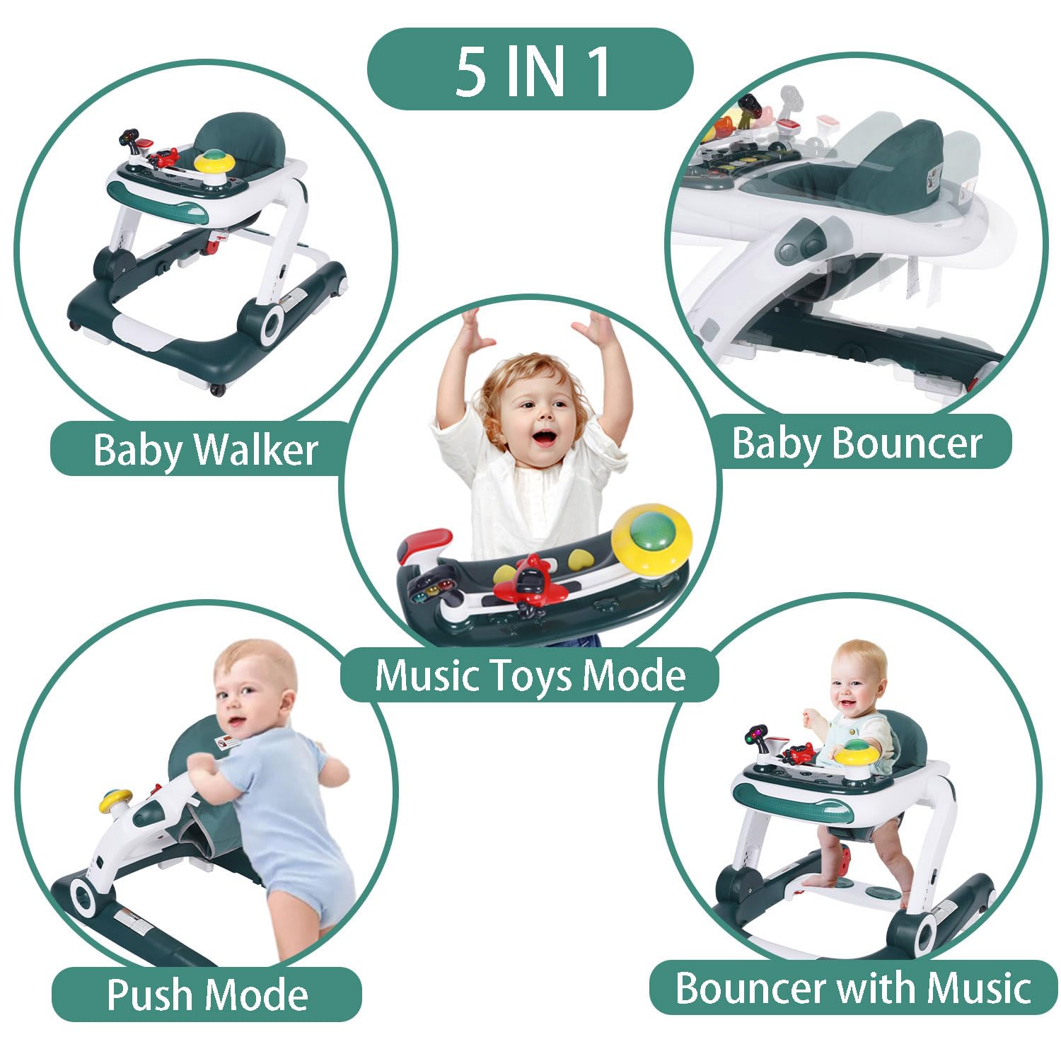 Kinder King 5-in-1 Baby Walker with Music & Lights - Adjustable Height Activity Walker for Toddlers, Anti-Rollover Safety Bumper, Learning-Seated & Walk-Behind Modes - Perfect for Indoor Play & Early Walking Development (Green)