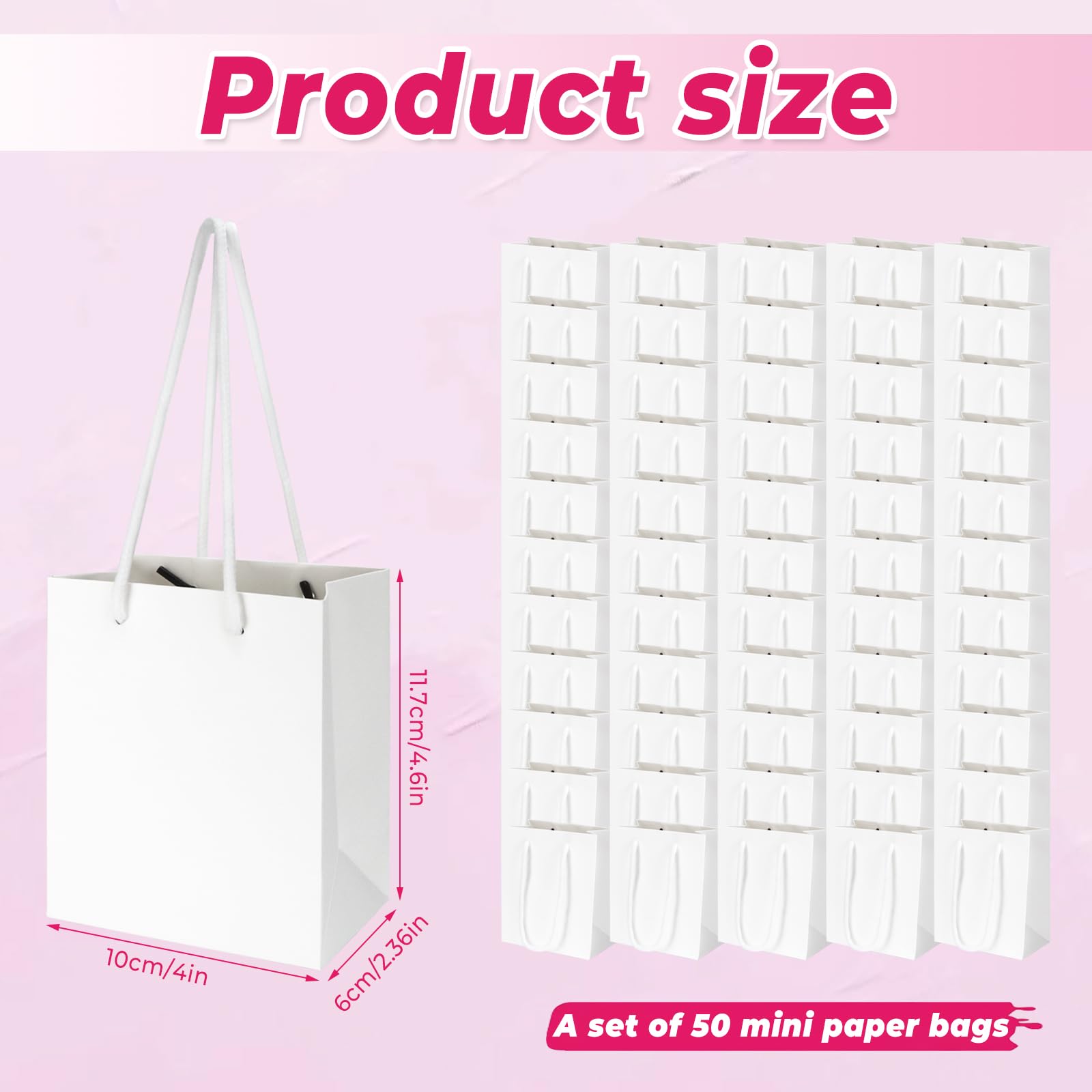 Rcybeo 50 Pack 4x2.4x4.6 Inches Mini Gift Bags with Handles - Small Party Favor Bags for Birthday, Wedding, Baby Shower, Graduation, Holidays - Premium White Gift Wrap Paper Bags for Celebrations & Special Occasions