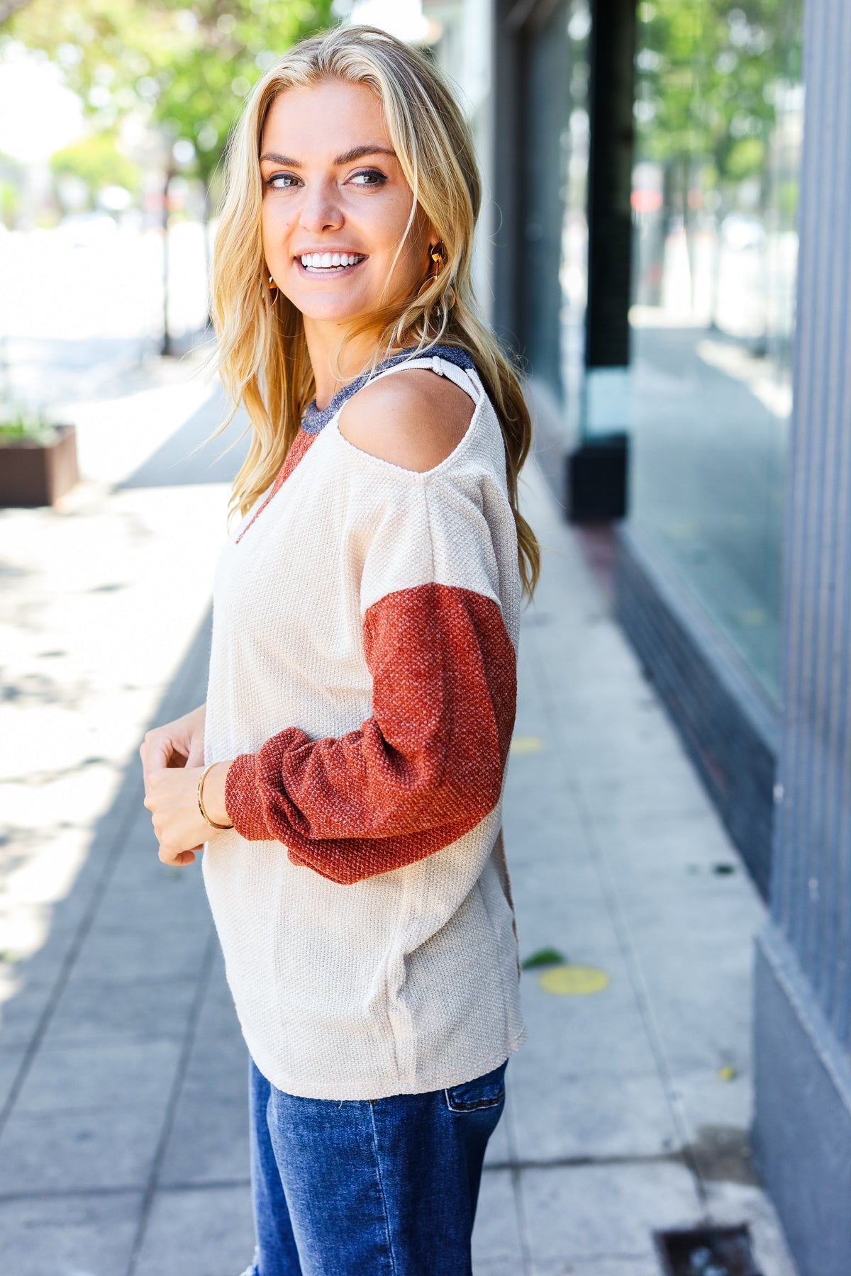 Oatmeal Textured Sweater Knit Cold Shoulder Top for Women - Cozy Fall & Winter Fashion - Perfect for Casual Outings, Date Nights and Office Wear