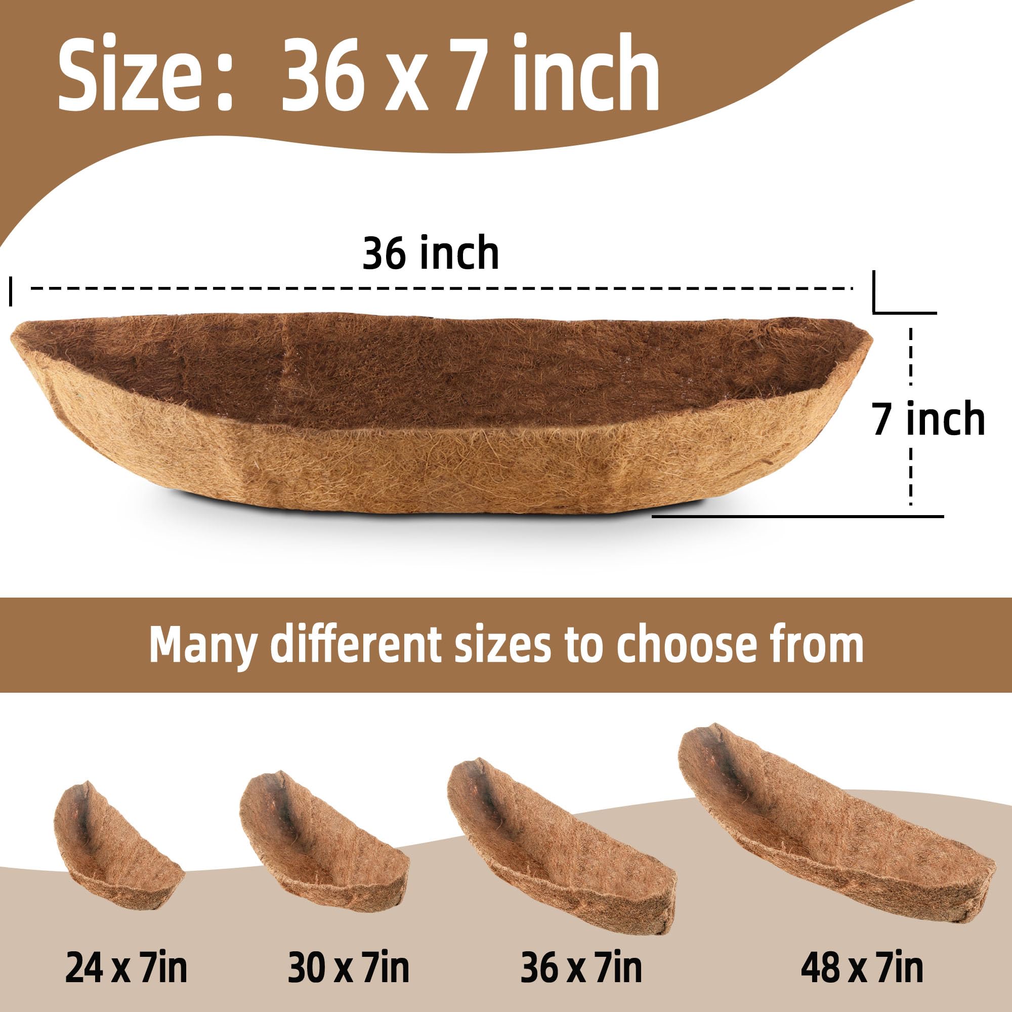 Premium 36 Inch Coco Liners for Planters - 3 Pack Natural Coconut Fiber Plant Liners for Window Boxes, Wall Planters & Outdoor Planters - Perfect for Balcony Gardens, Hanging Baskets and Landscaping