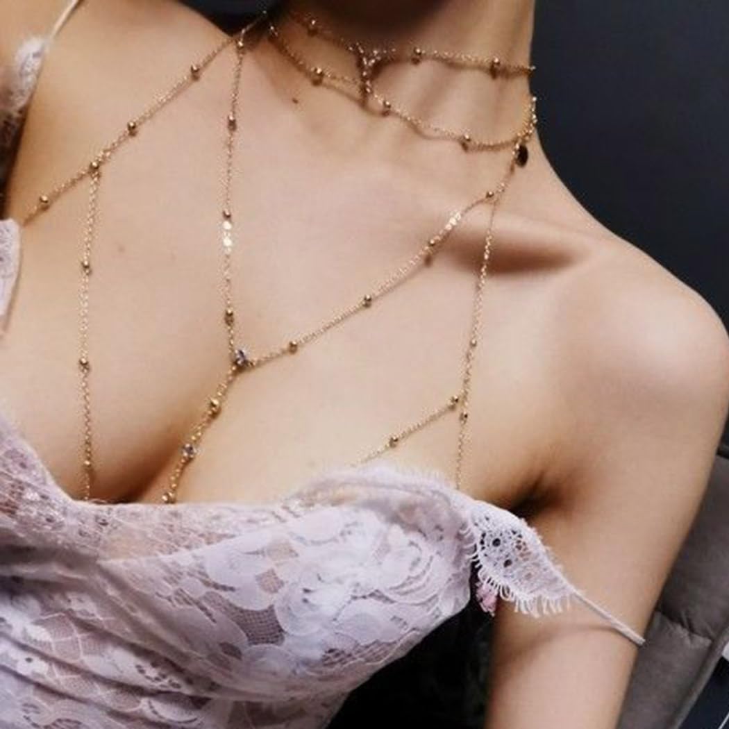 Sexy Rhinestone Chain Bra Body Jewelry - Gold Bikini Body Chain for Women | Perfect for Rave, Party & Beach Wear