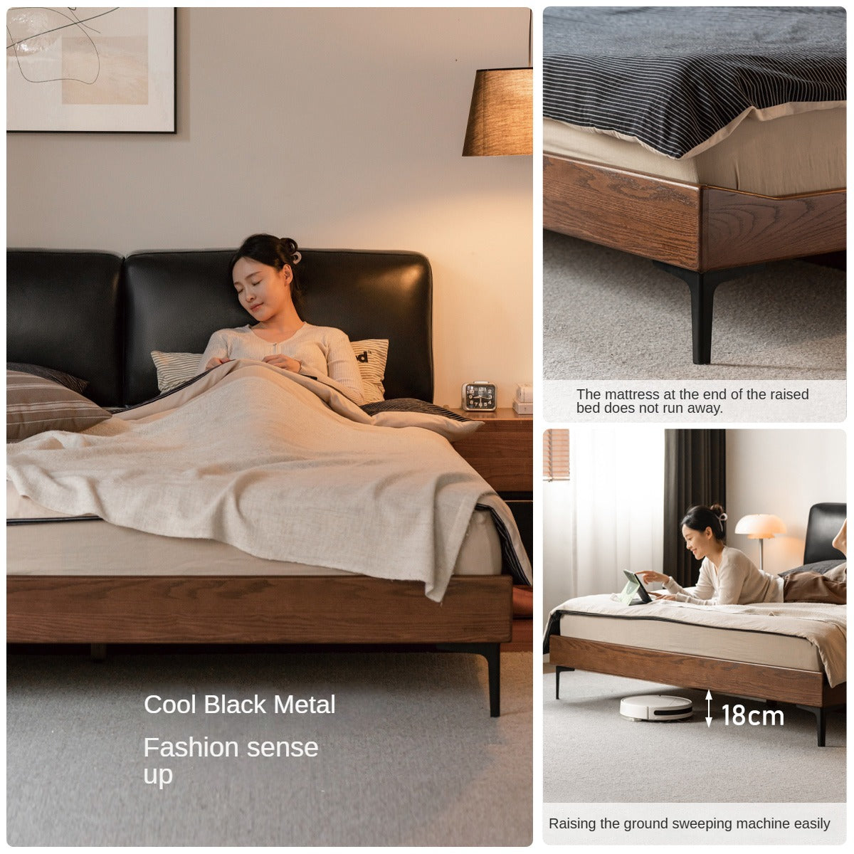 Luxury Oak Solid Wood Bed with Soft Leather Upholstery - Elegant Master Bedroom Furniture for Modern Home Decor