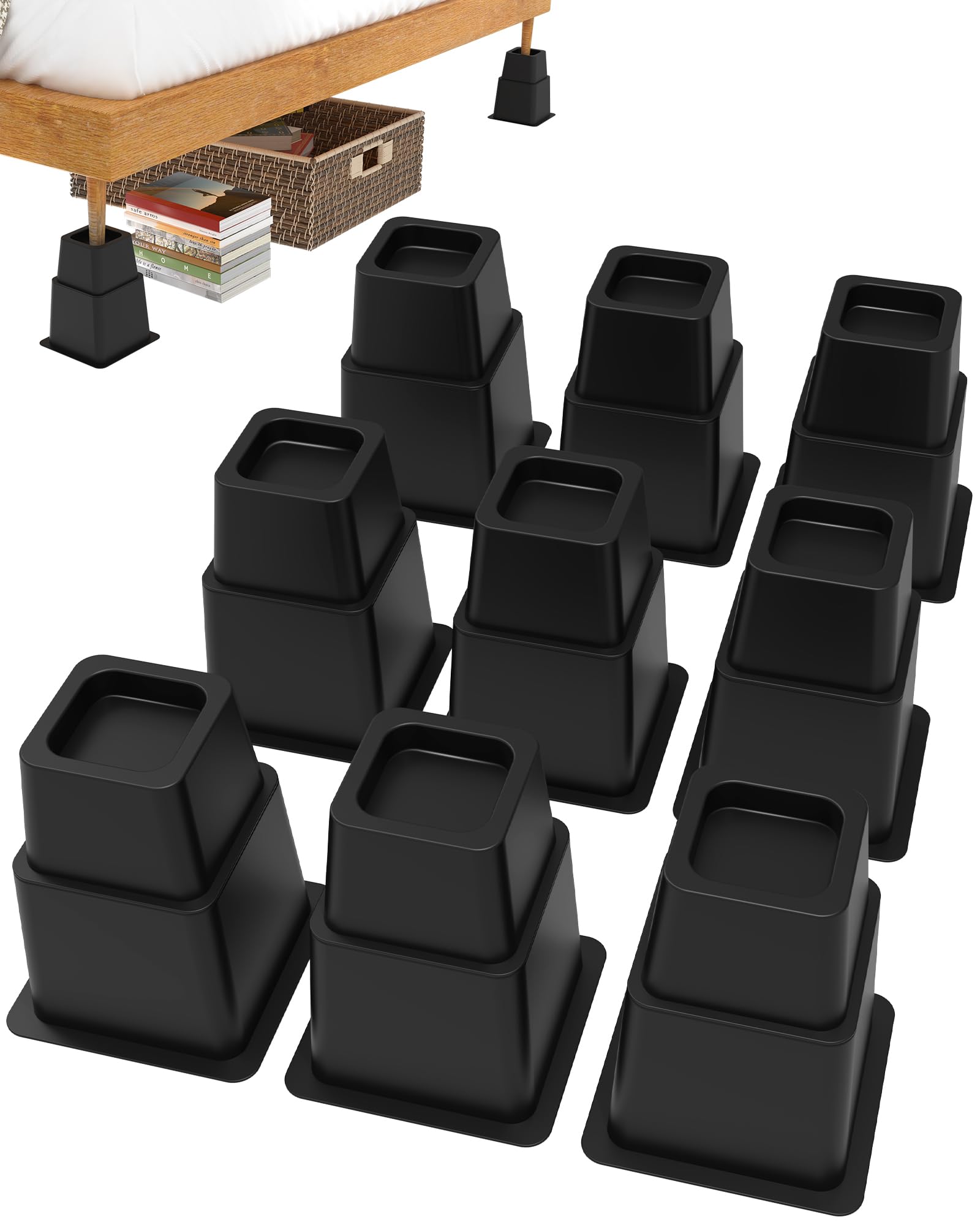 3, 5 or 8 Inch Heavy Duty Stackable Bed Risers - 3375 LBS Capacity for Lifting Beds, Sofas & Furniture (Set of 9, Black) - Perfect for Dorm Rooms, Small Spaces & Storage Organization