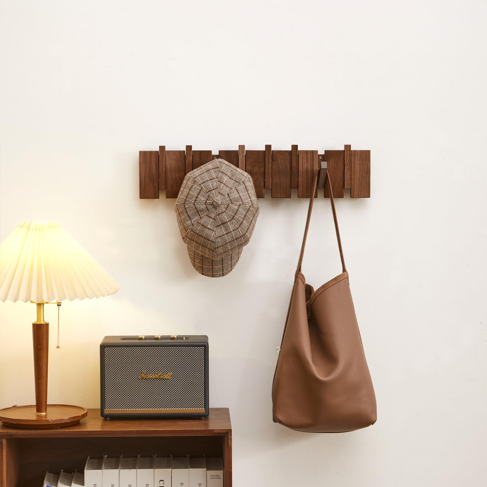 Sturdy Walnut Wood Wall Mounted Coat Rack with 8 Heavy Duty Hooks - Perfect for Hanging Coats, Keys, Hats, Robes, Towels, Plants & Bags - Ideal for Entryway, Bedroom, Bathroom & Mudroom Organization
