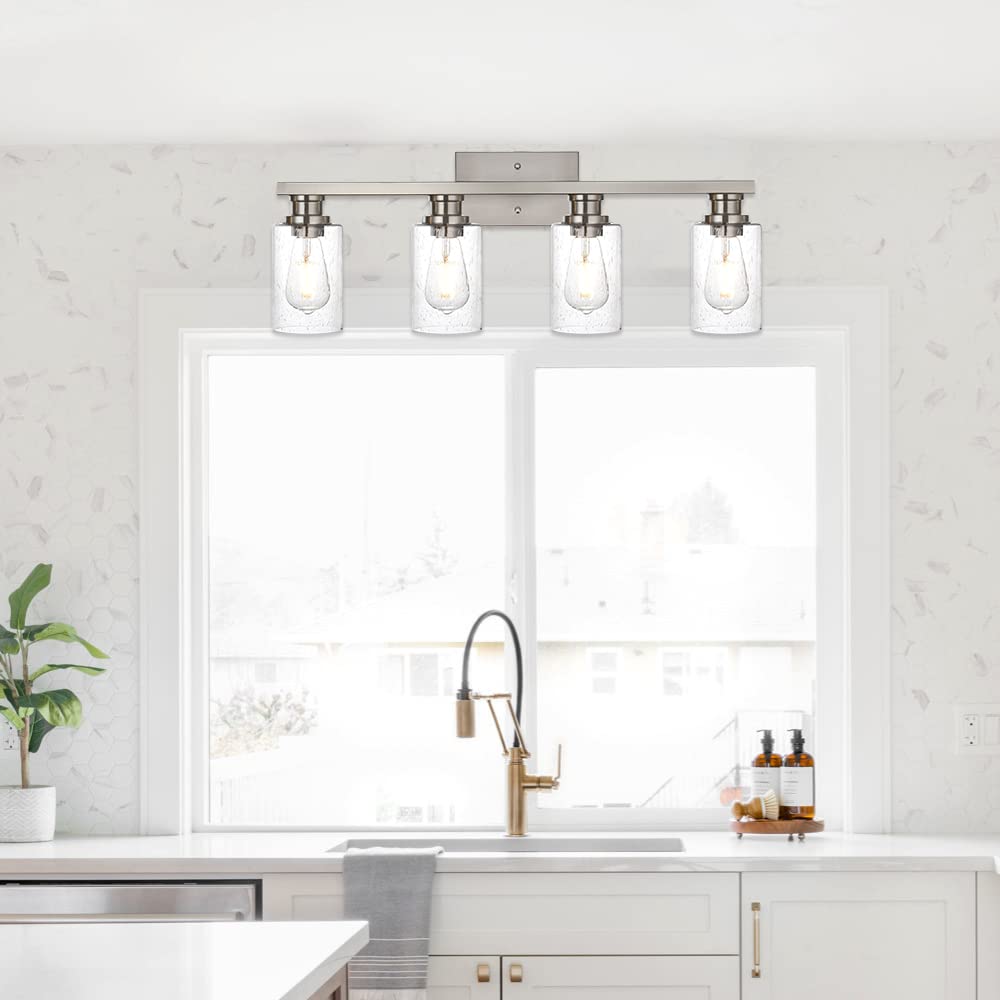 VINLUZ 4-Light Brushed Nickel Vanity Light Fixture - Industrial Bathroom Wall Sconce with Seeded Glass Shade for Mirror, Dressing Table, Porch & Bedroom Lighting - Perfect for Modern Home Decor
