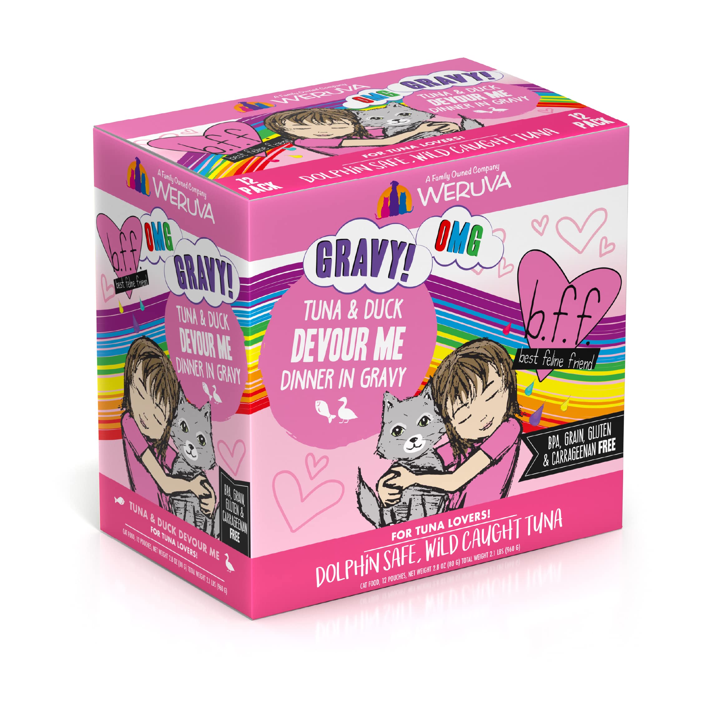 Weruva B.F.F. OMG Best Feline Friend Oh My Gravy! Tuna & Duck in Gravy Cat Food - Grain-Free, High Protein Wet Cat Food for Adult Cats, 3oz Pouch (Pack of 12) - Perfect for Mealtime, Travel & Treats