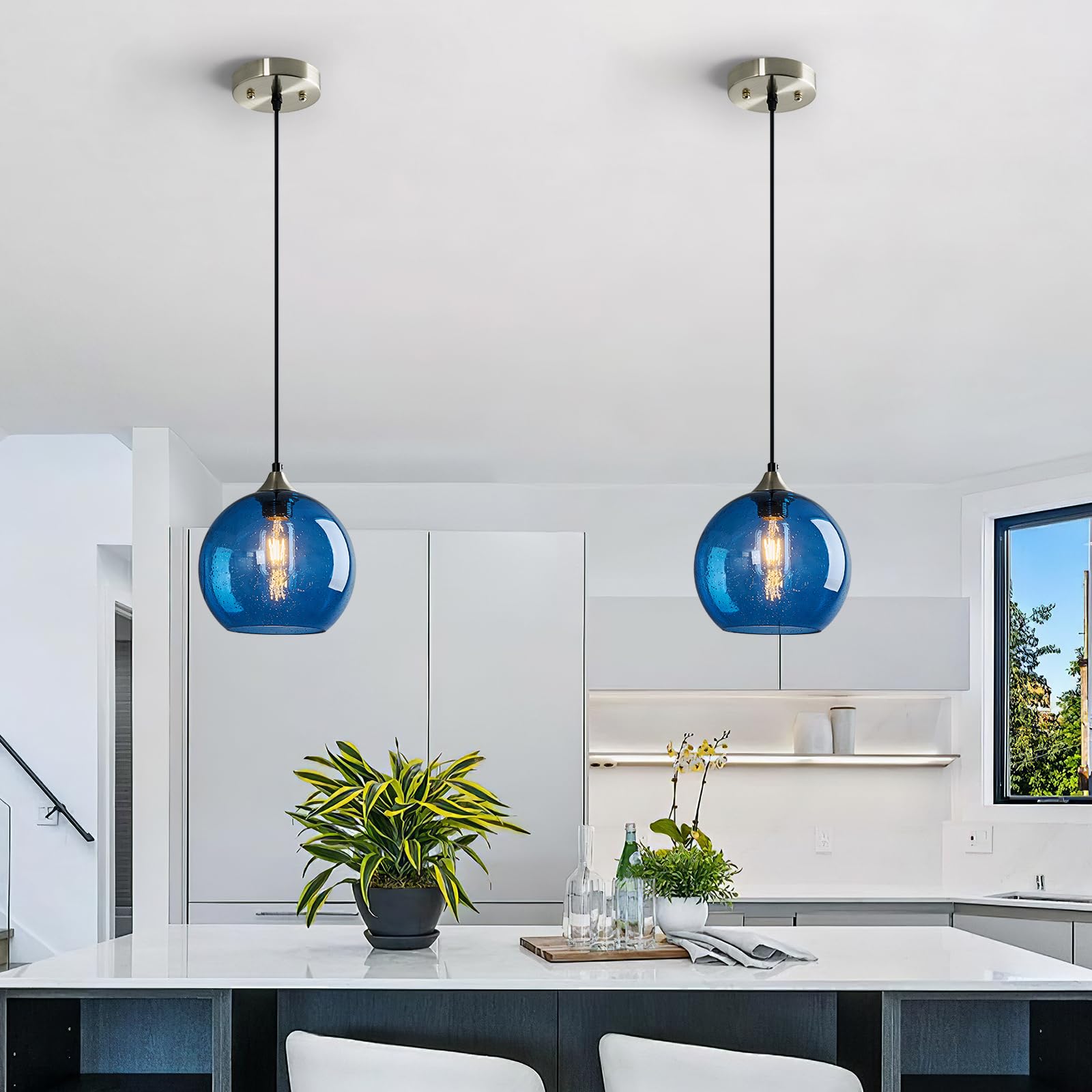 Modern Blue Glass Pendant Lights - 3-Pack Globe Pendant Light Fixtures for Kitchen Island, Bedroom, Living & Dining Room (7.87in) | Stylish Ambient Lighting for Home Decor & Restaurant Settings
