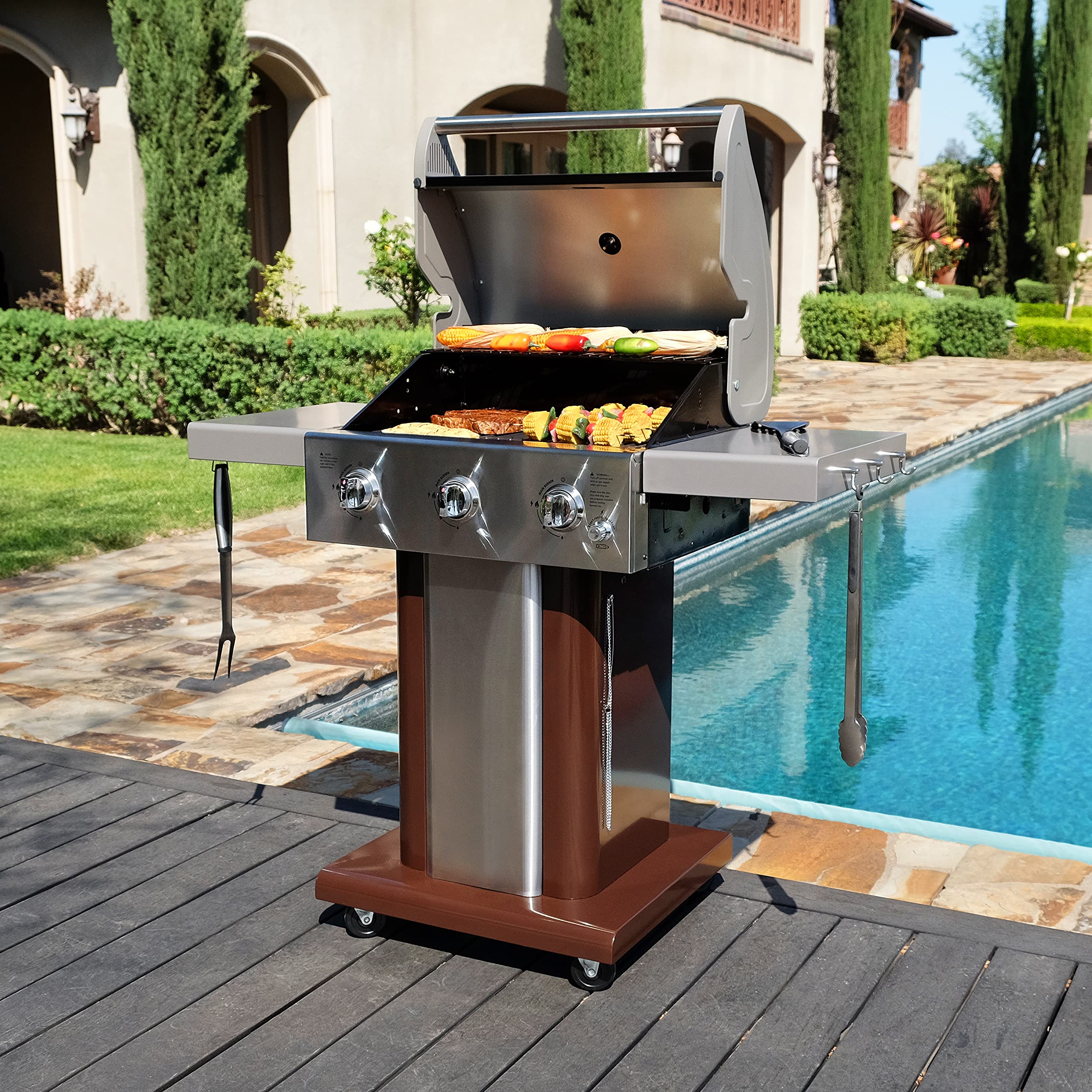 **Permasteel 3-Burner Propane Gas Grill – 30,000 BTU Outdoor BBQ Grill with Cast Iron Grates, Foldable Side Tables & Tool Hooks – Perfect for Backyard, Camping, and Tailgating (Mocha)**