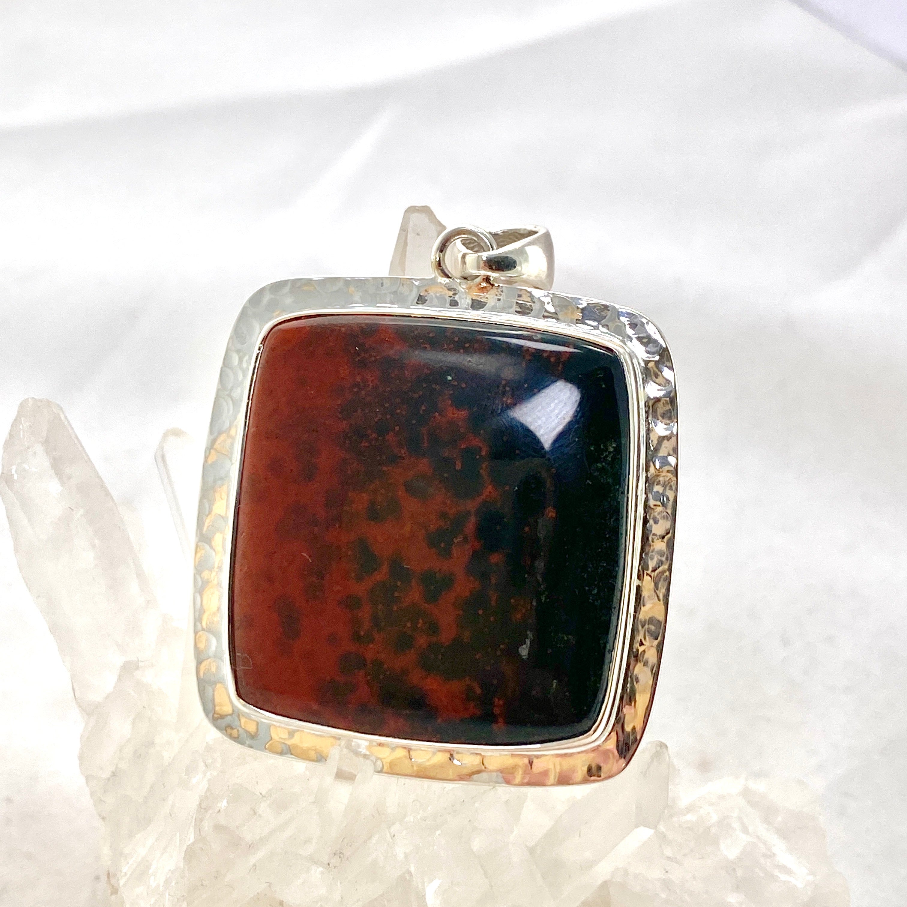 Natural Bloodstone Square Cabochon Pendant in Handcrafted Hammered Sterling Silver Setting KPGJ4743 - Perfect for Healing Jewelry & Spiritual Gift Giving