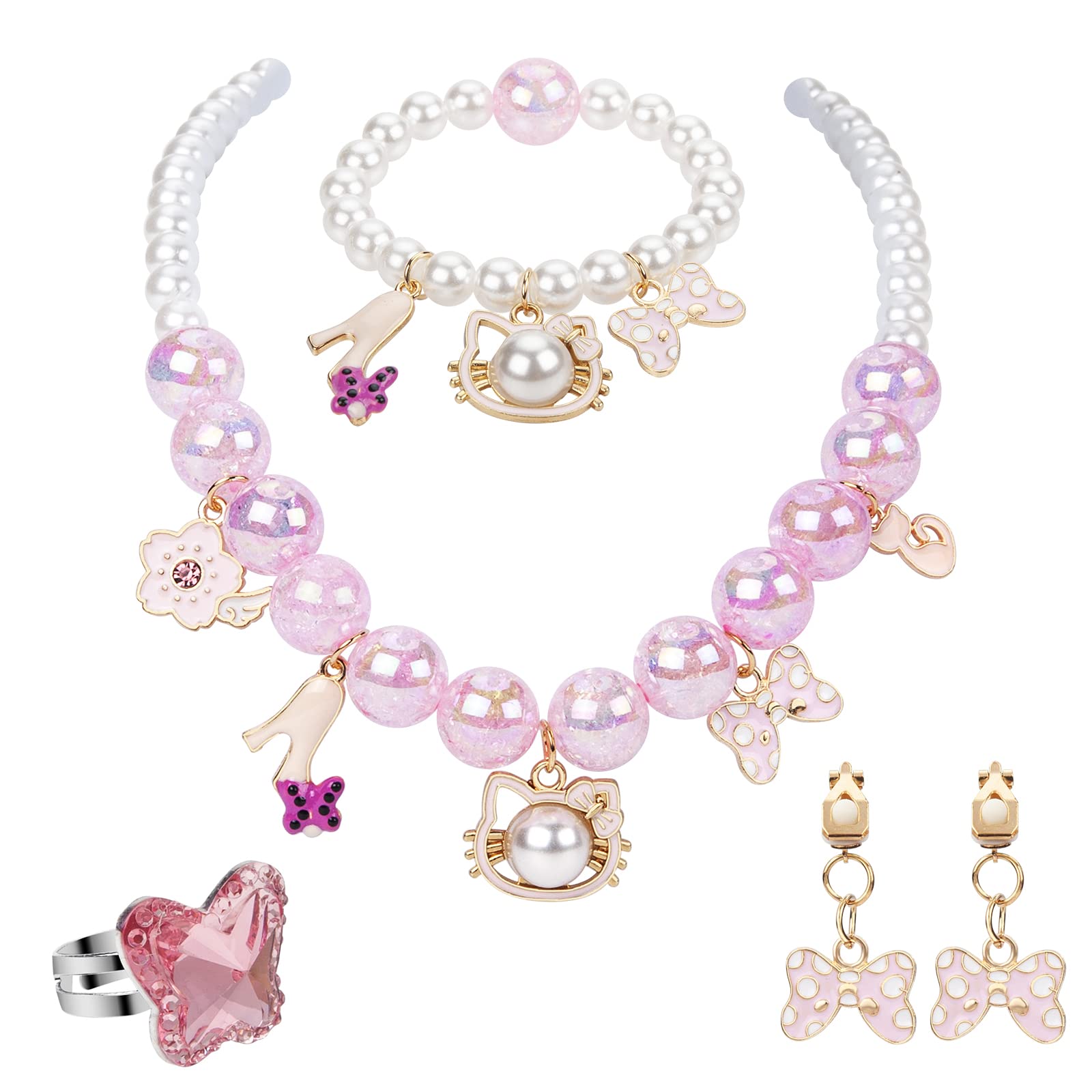5PCS Girls Dress Up Jewelry Set - Charm Necklace, Bracelet, Clip Earrings & Ring | Pretend Play Princess Costume Accessories | Perfect for Teen Girls, Cosplay Party Favors & Gift Giving | Birthday, Halloween, Tea Party Dress Up