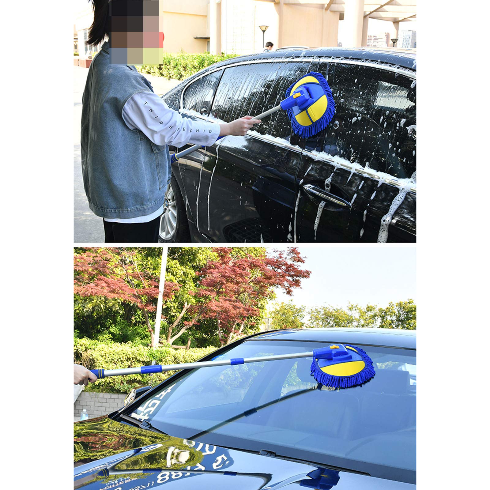 **Extendable Long Handle Car Wash Brush with Microfiber Chenille Mop Head - 2 Pack Multipurpose Car Duster for Auto Detailing, RV, Boat & Home Cleaning**