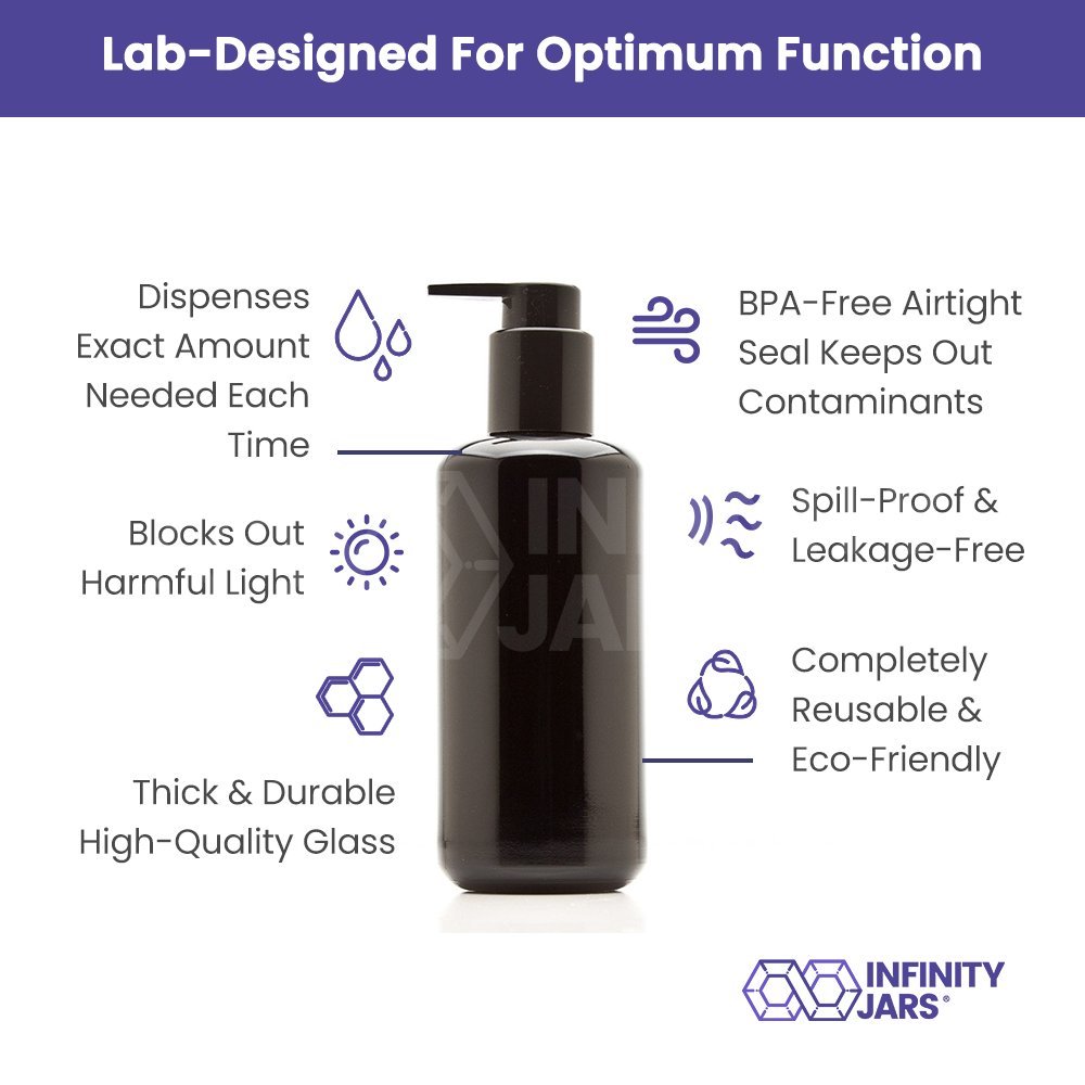 Infinity Jars 10-Pack Black UV Glass Soap Dispenser Bottles - 200ml (6.8oz) Refillable for Kitchen, Bathroom & Hand Lotion | Dish Soap & Hand Wash Dispenser | Eco-Friendly Home & Office Use
